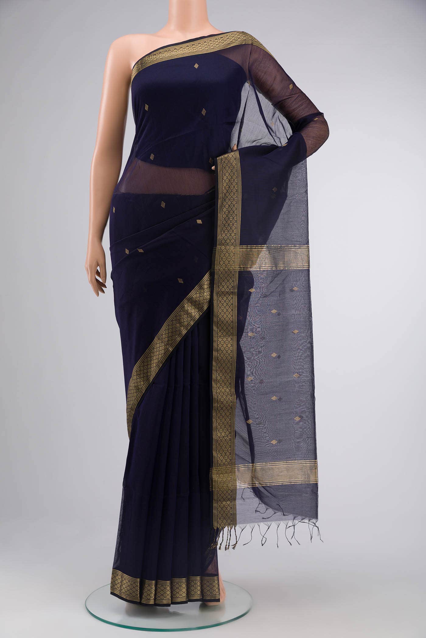 Navy Blue Maheshwari Silk Saree