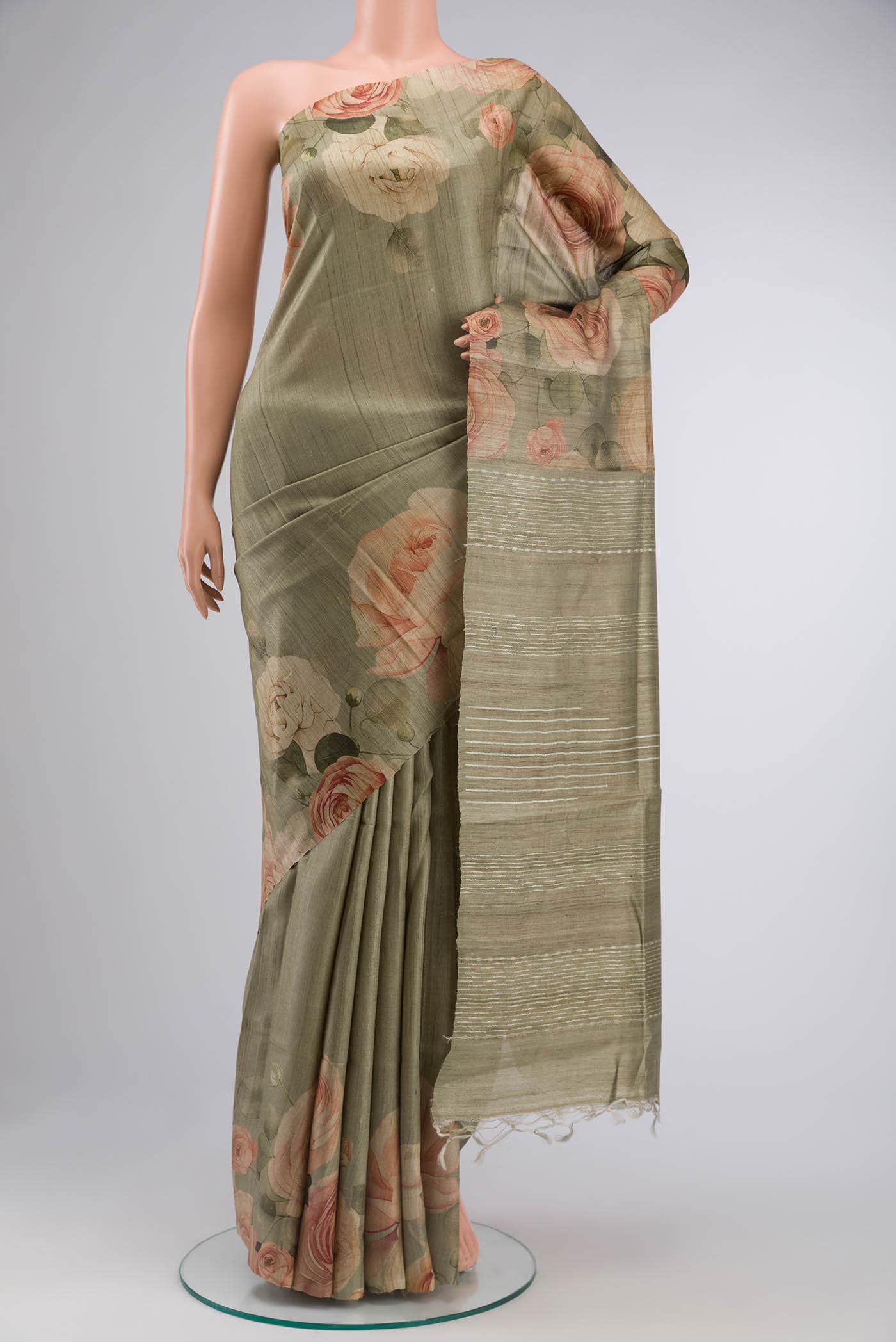 Sage Green Tussar Silk Saree