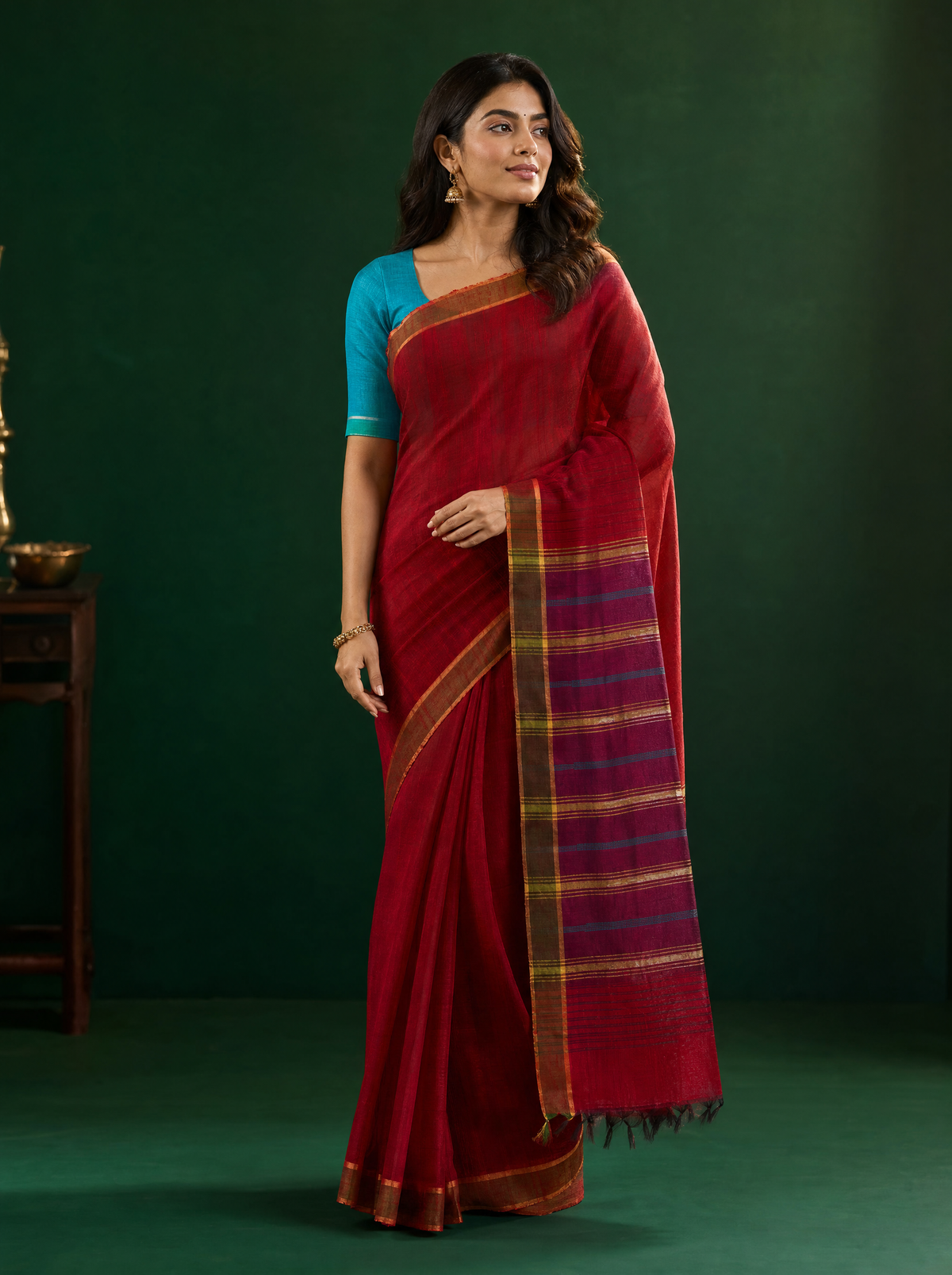 Emerald Ember-Red Bhagalpuri Tussar Silk Saree