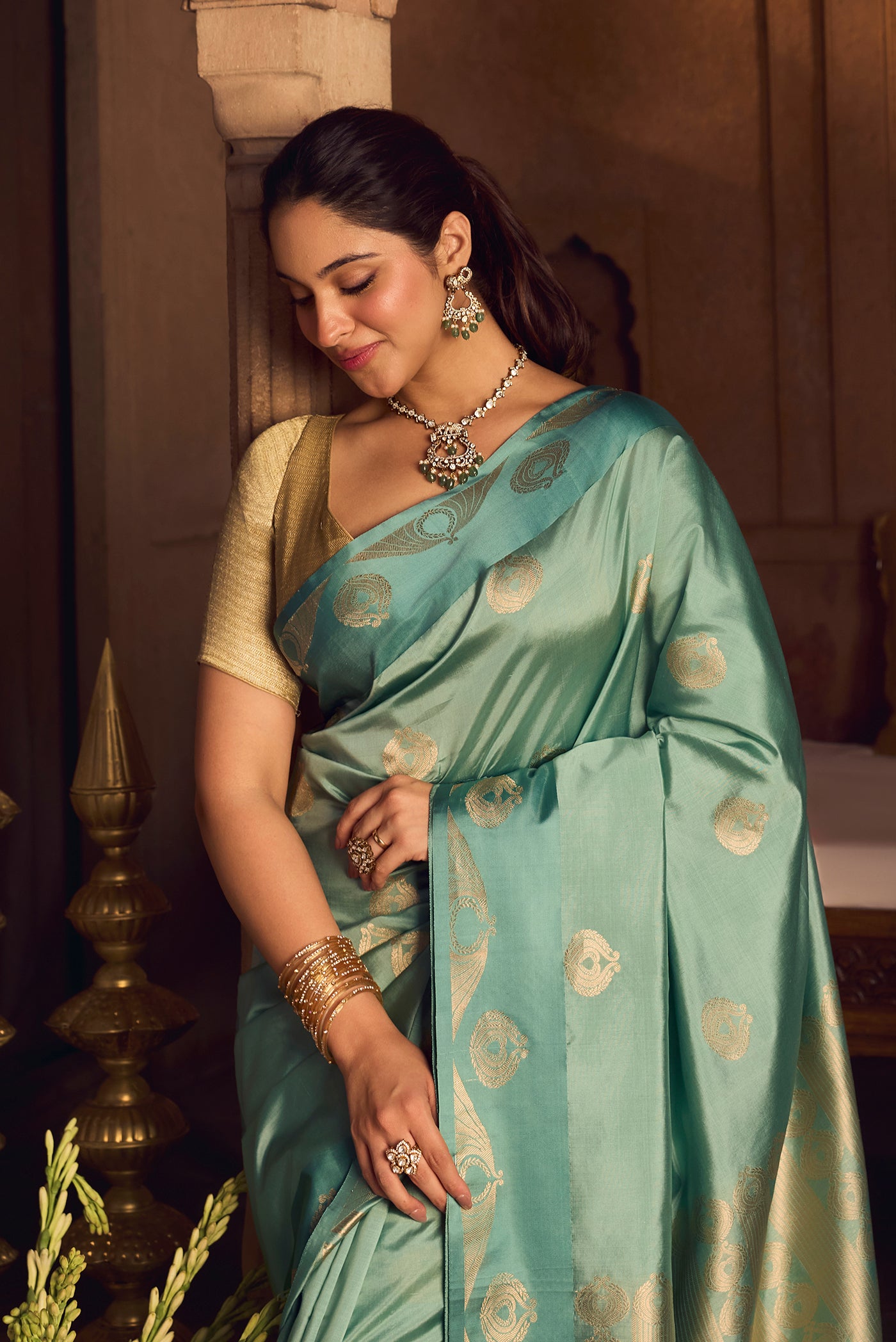 Pakheeru-Green Banarasi Katan Silk Saree