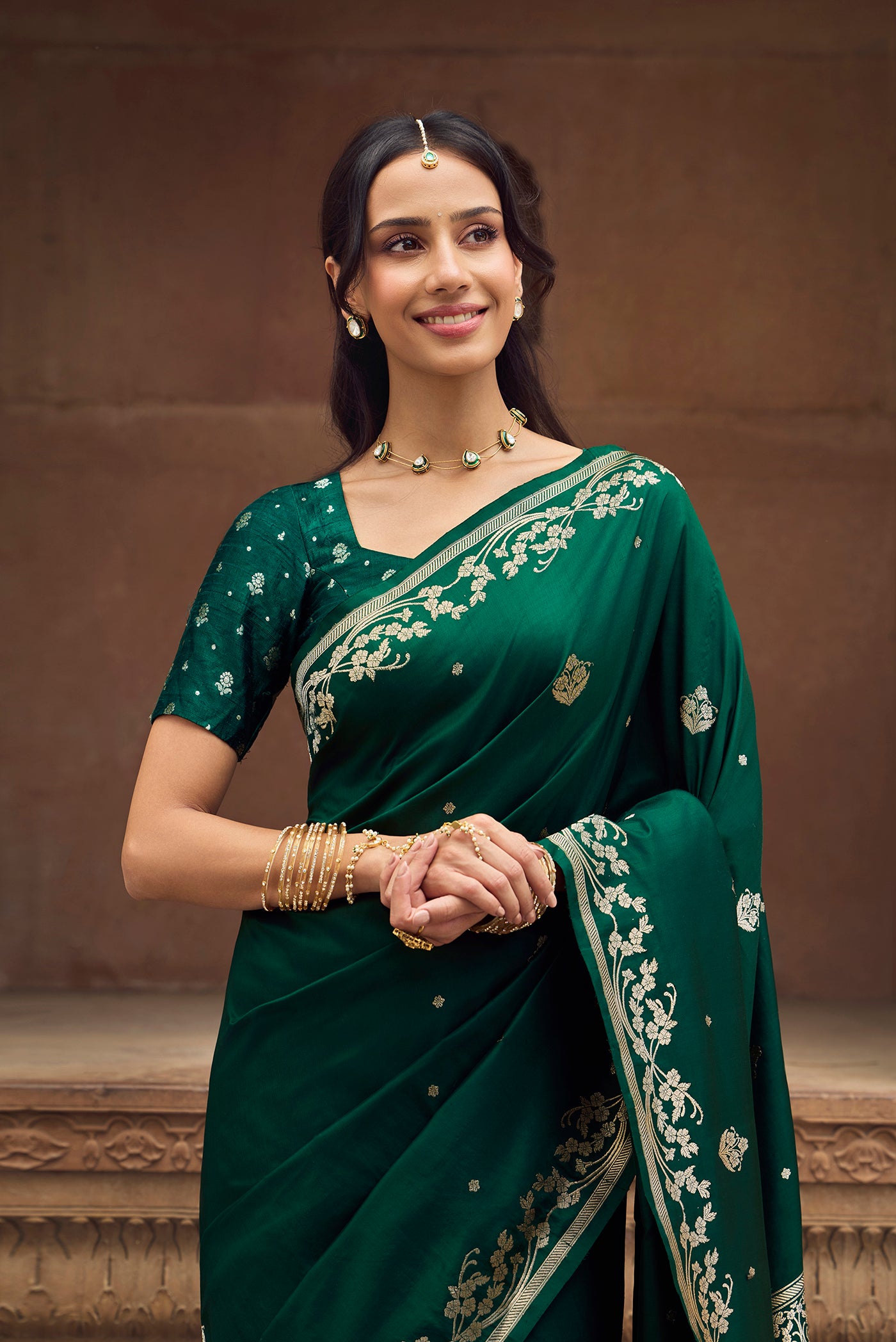 Gul - Deep Emerald Green Banarasi Katan Silk Saree