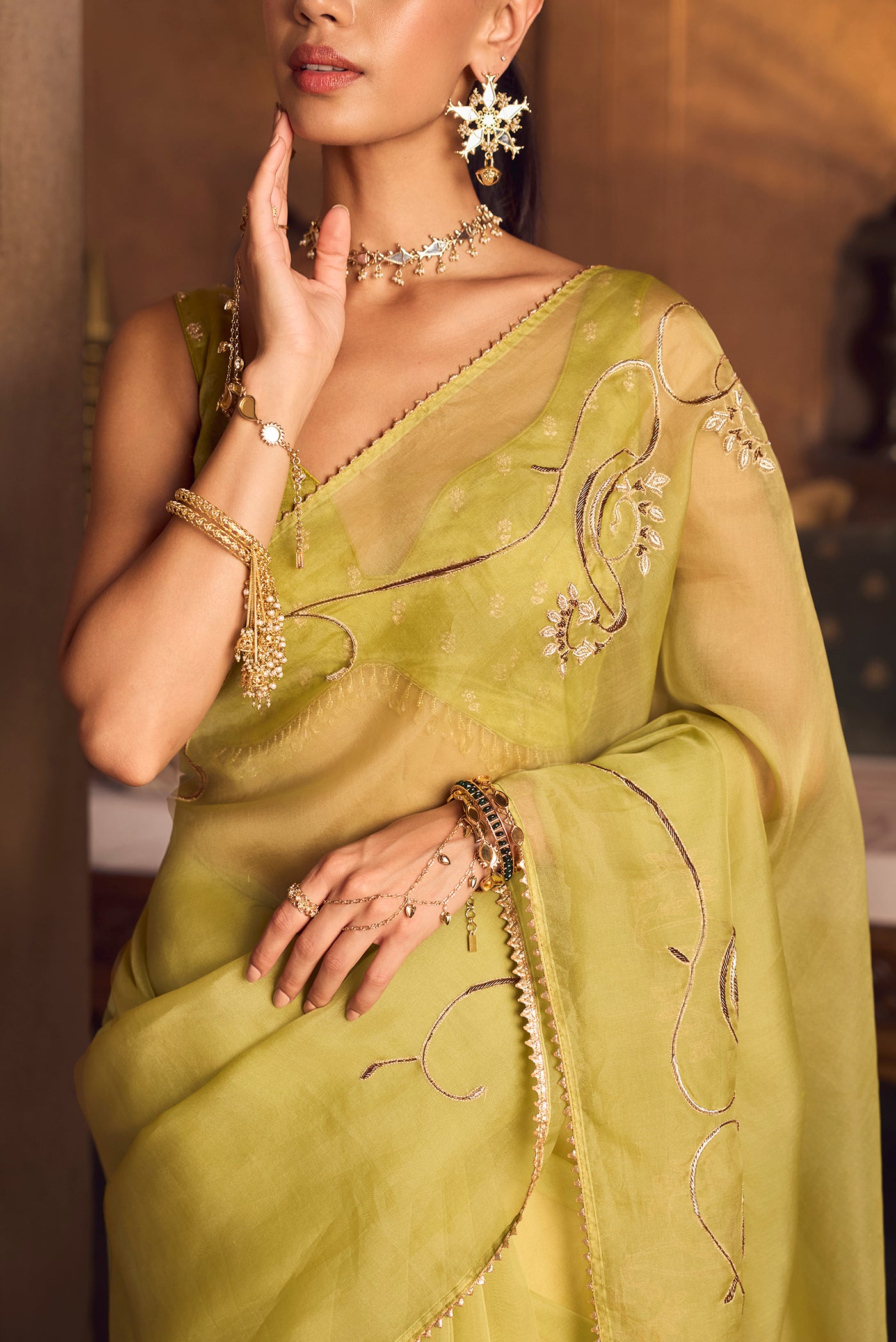 Mira-Green Zardozi Organza Silk Saree