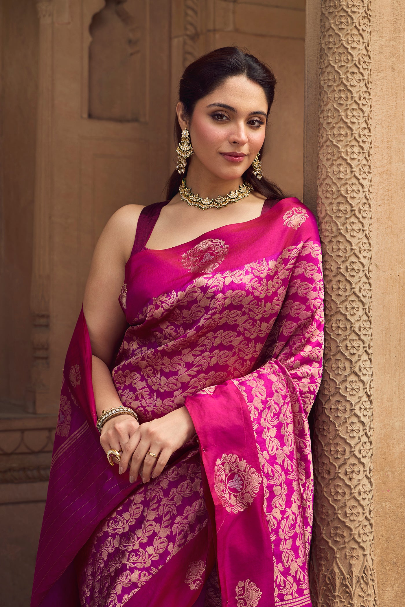 Anaar- Fuchsia Pink Banarasi Katan Silk Saree