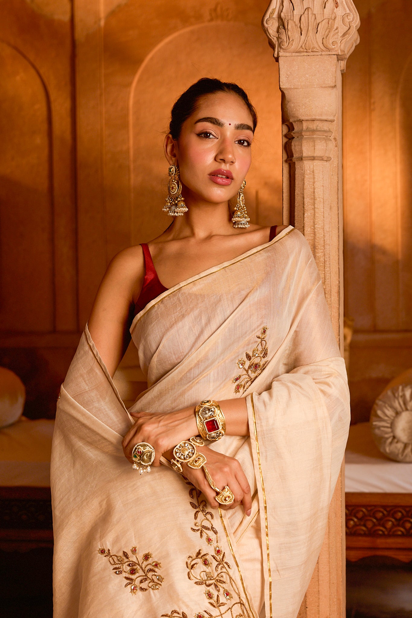 Rumana - Ivory Cream Chanderi Silk Cotton Saree