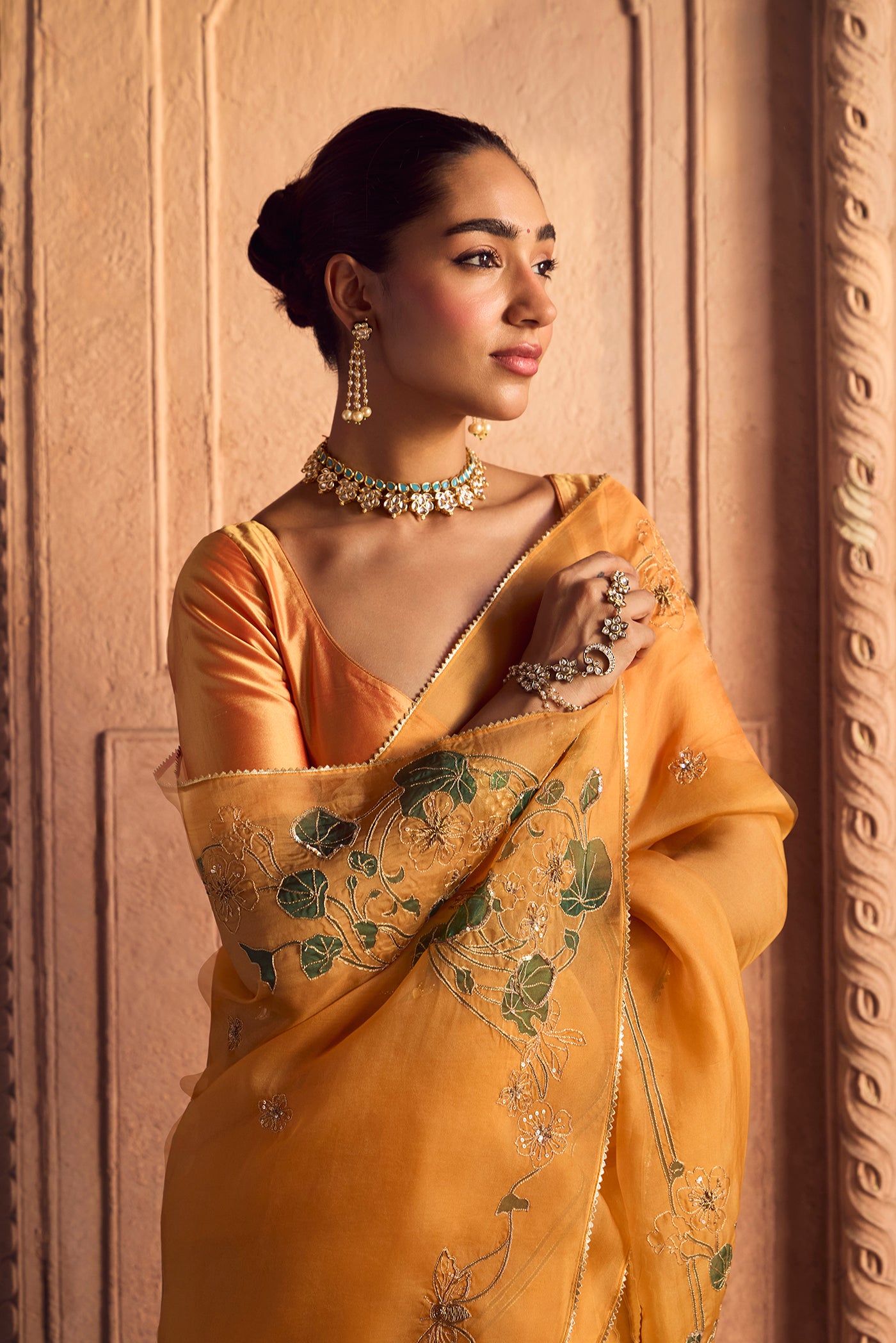 Aboli-Apricot Orange Zardozi Organza Silk Saree