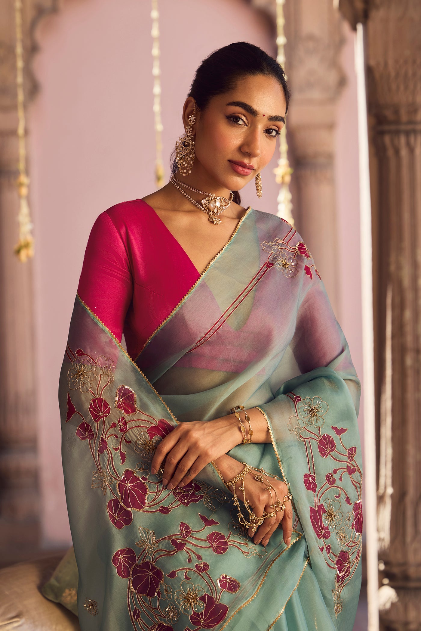 Aboli-Green Zardozi Organza Silk Saree