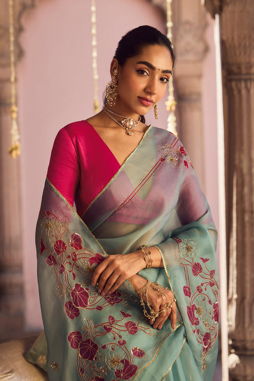 Aboli-Green Zardozi Organza Silk Saree