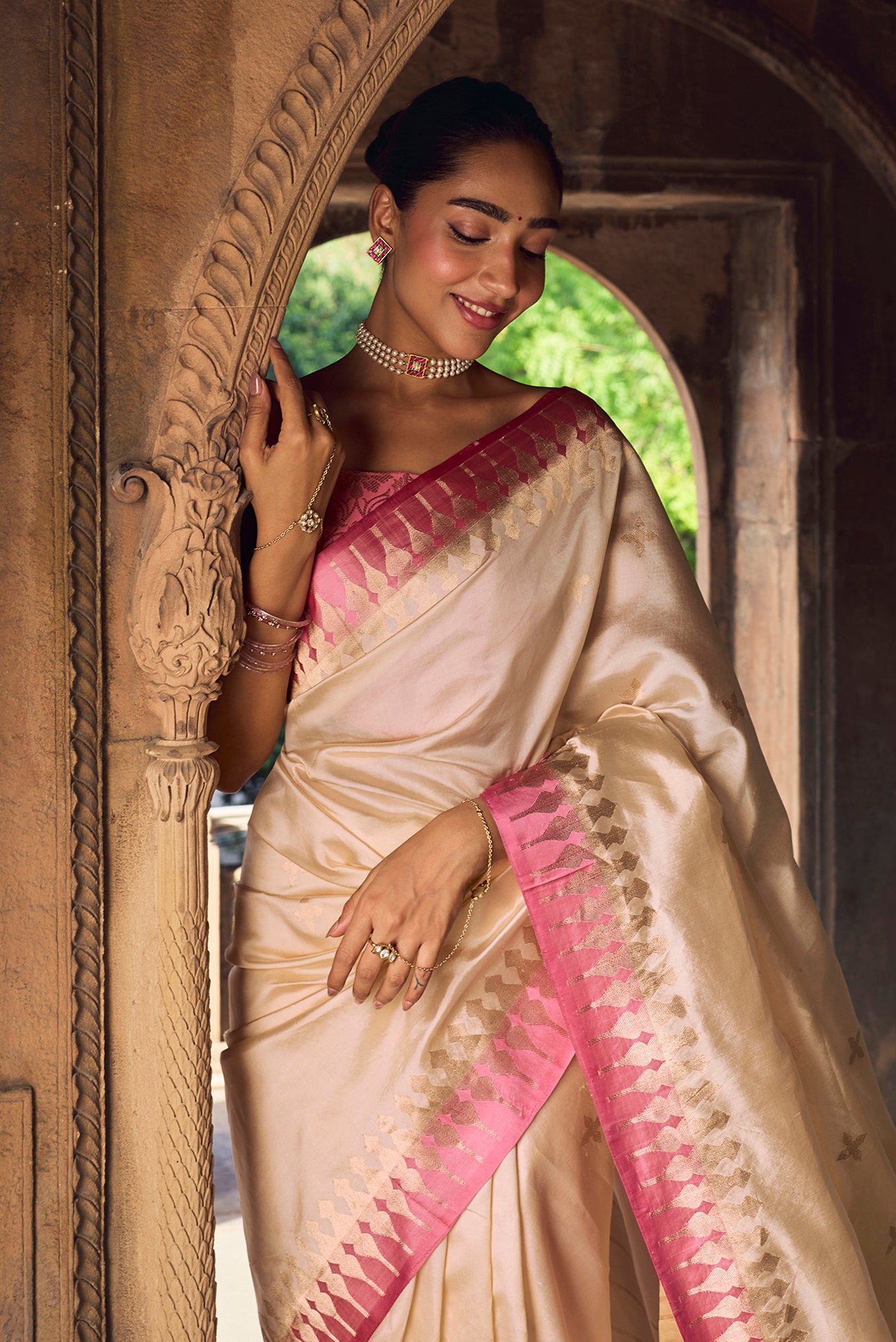 Mahima - Ivory Cream Banarasi Silk Saree