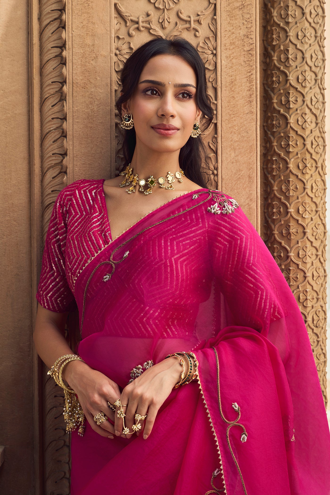 Meher- Jewel Pink Zardozi Organza Silk Saree