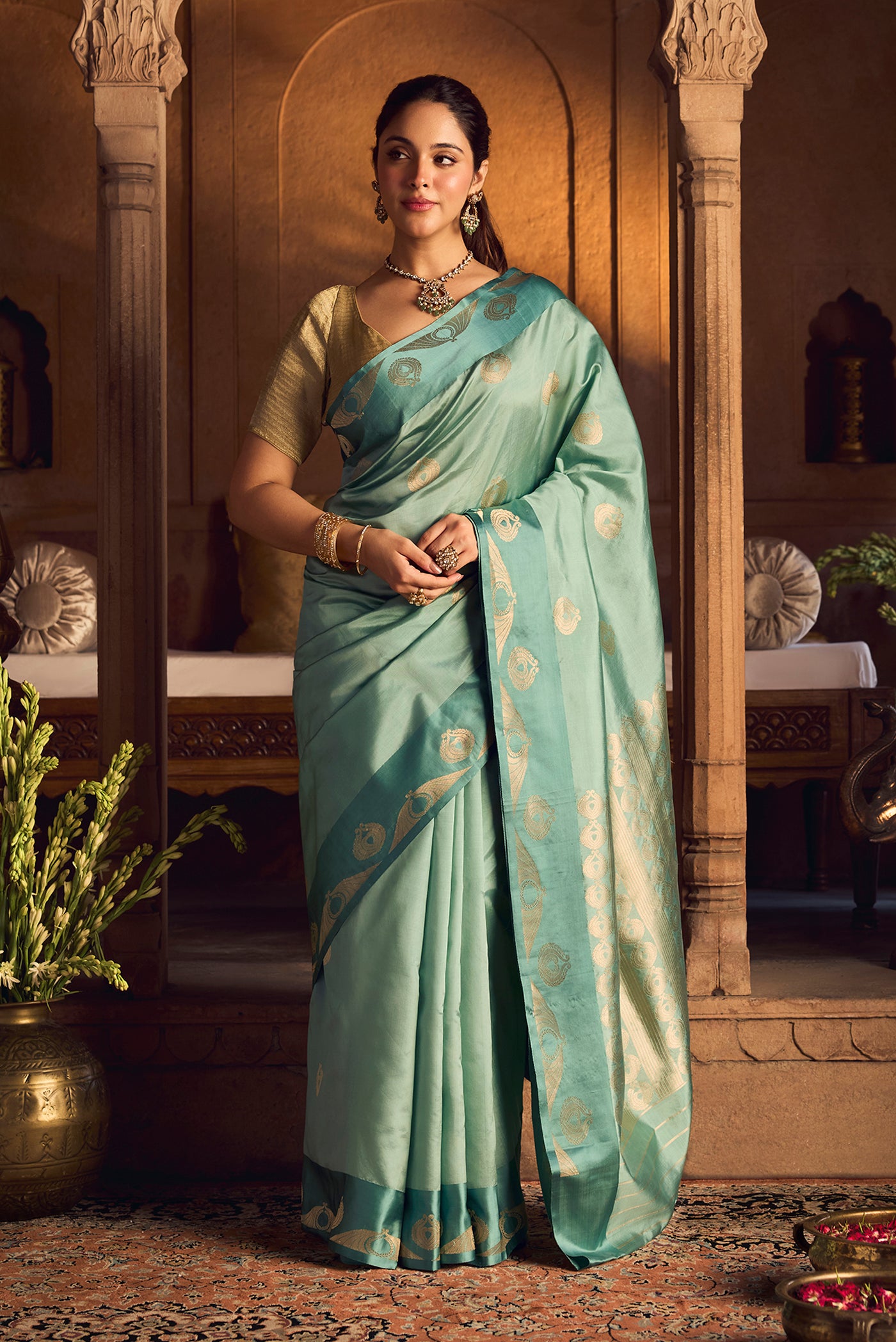 Pakheeru-Green Banarasi Katan Silk Saree