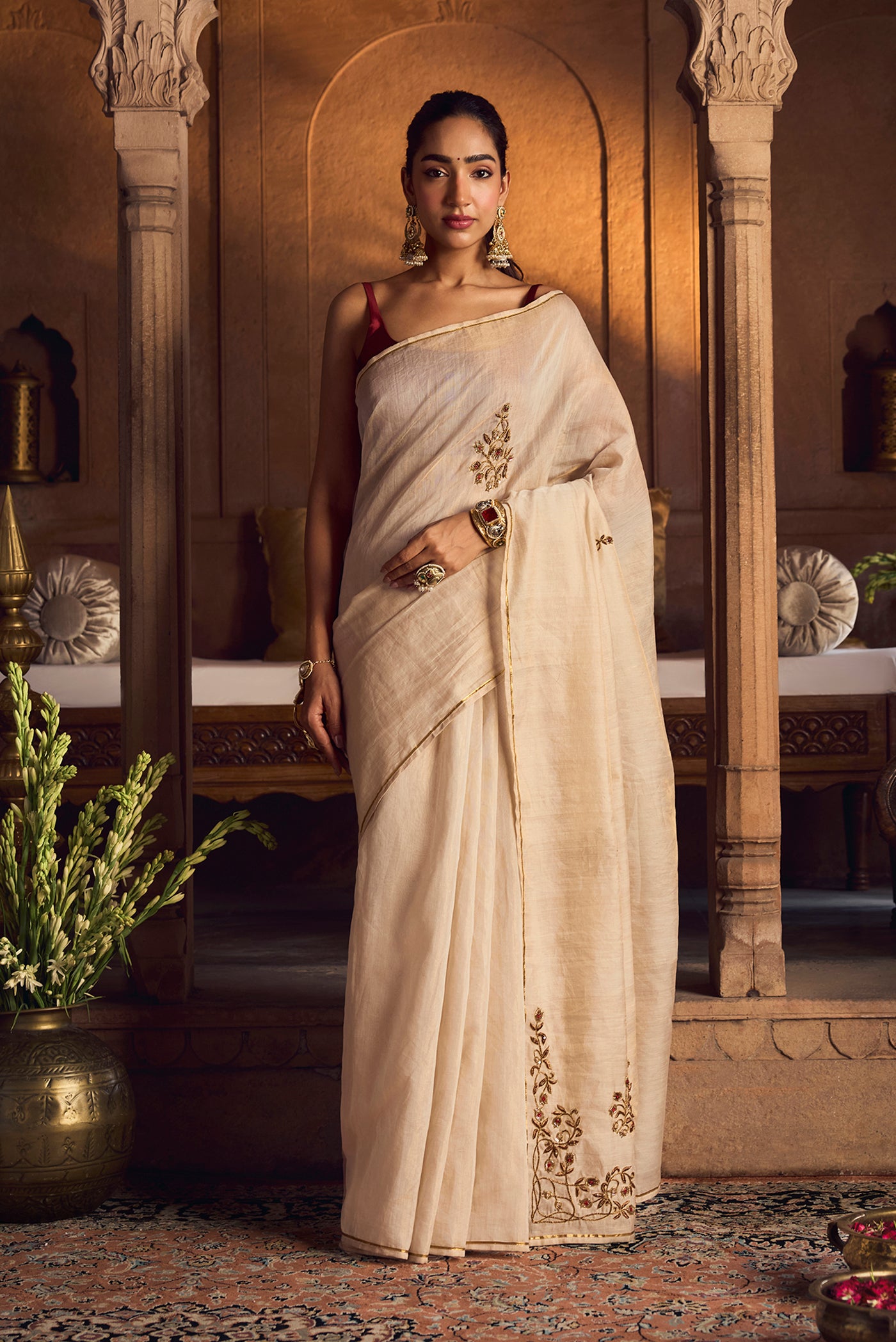 Rumana - Ivory Cream Chanderi Silk Cotton Saree