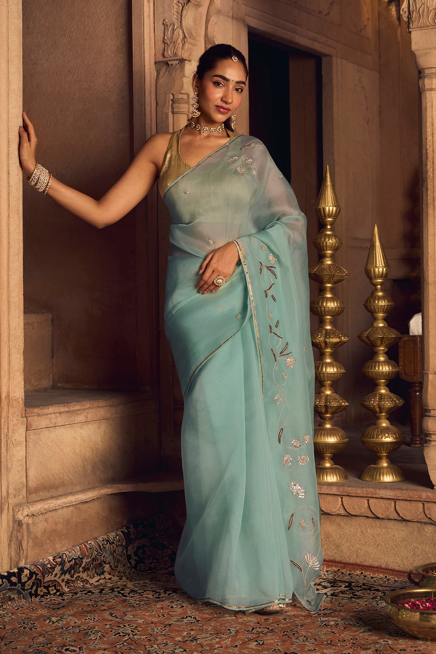 Bahar-Green Zardozi Organza Silk Saree