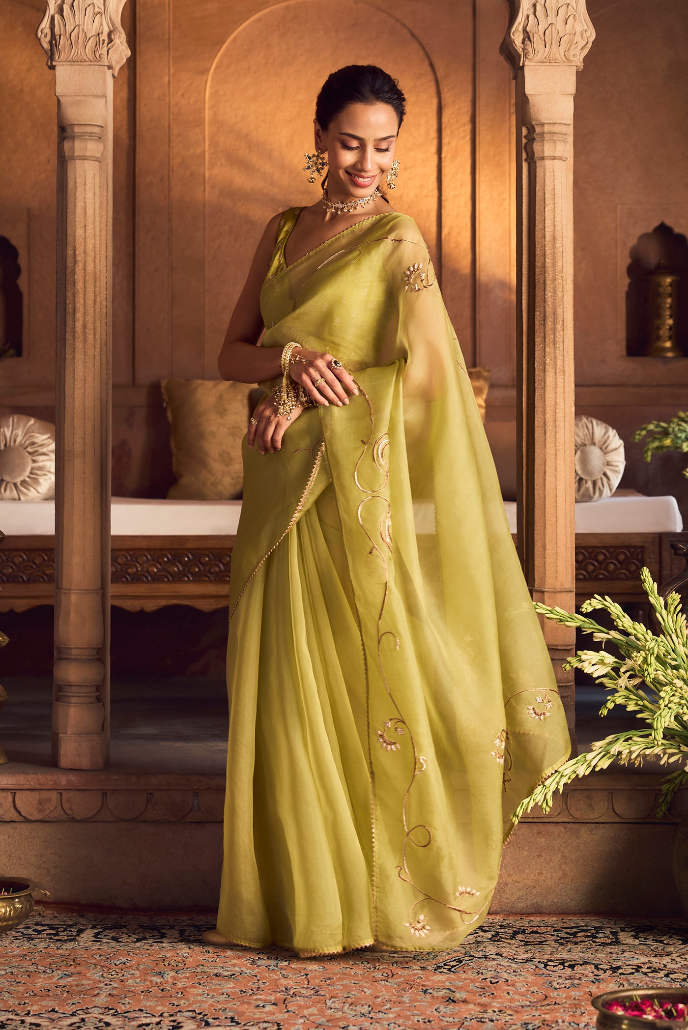 Mira-Green Zardozi Organza Silk Saree