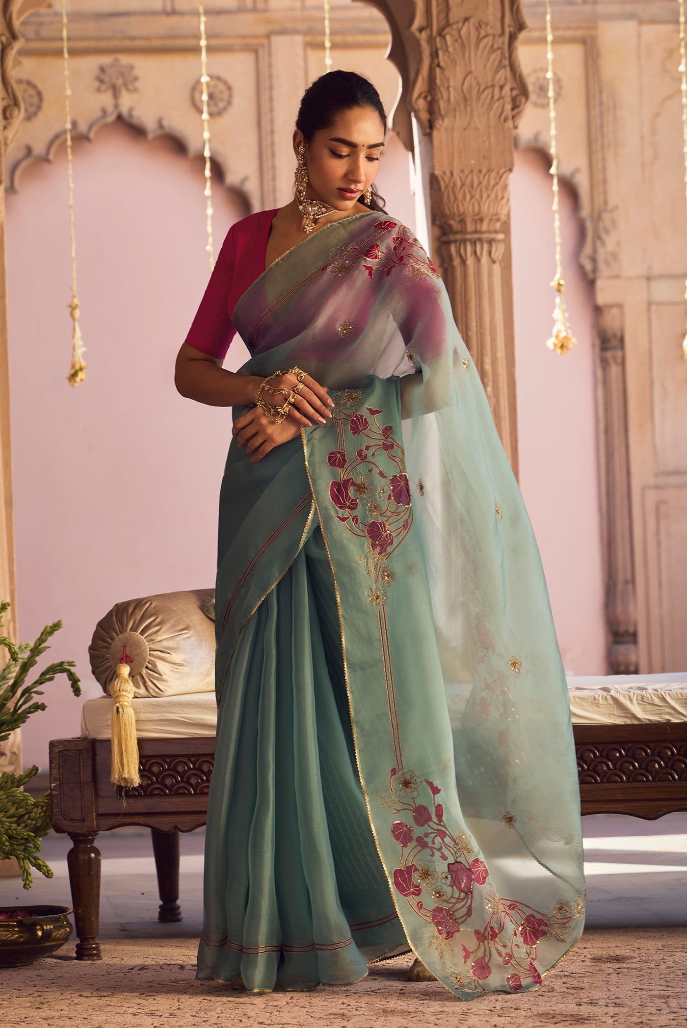 Aboli-Green Zardozi Organza Silk Saree