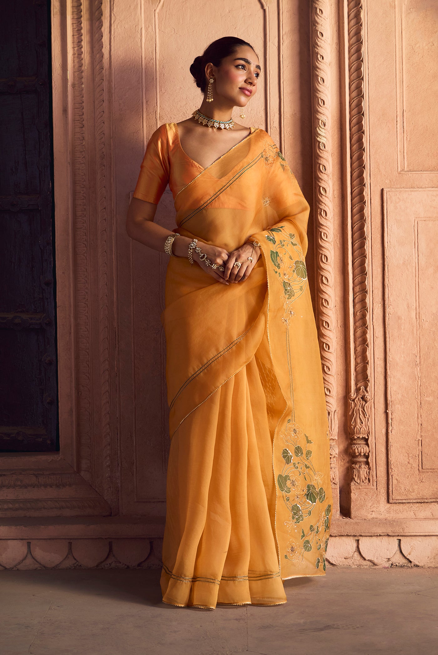 Aboli-Apricot Orange Zardozi Organza Silk Saree