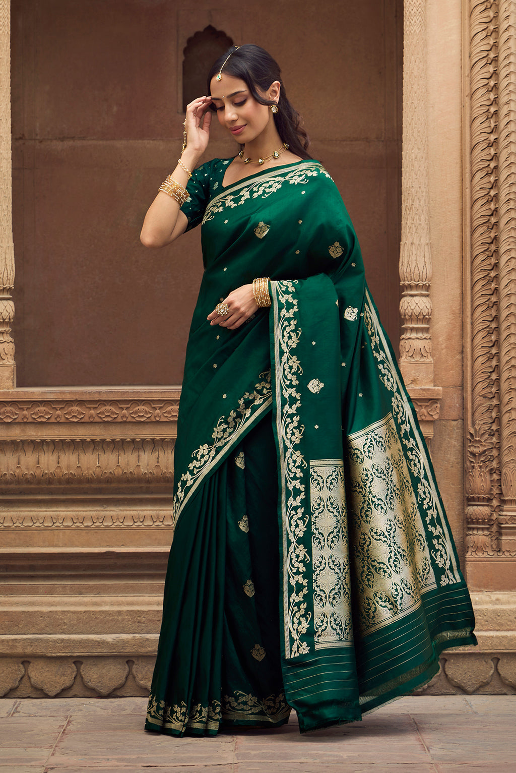 Gul - Deep Emerald Green Banarasi Katan Silk Saree