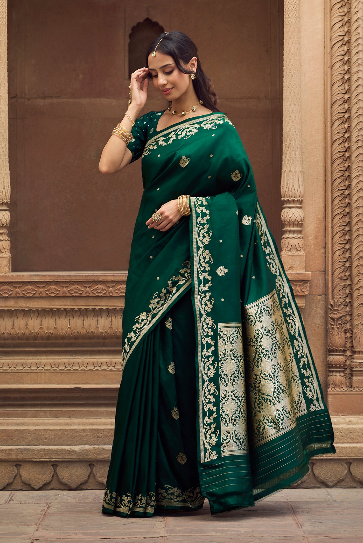 Gul - Deep Emerald Green Banarasi Katan Silk Saree