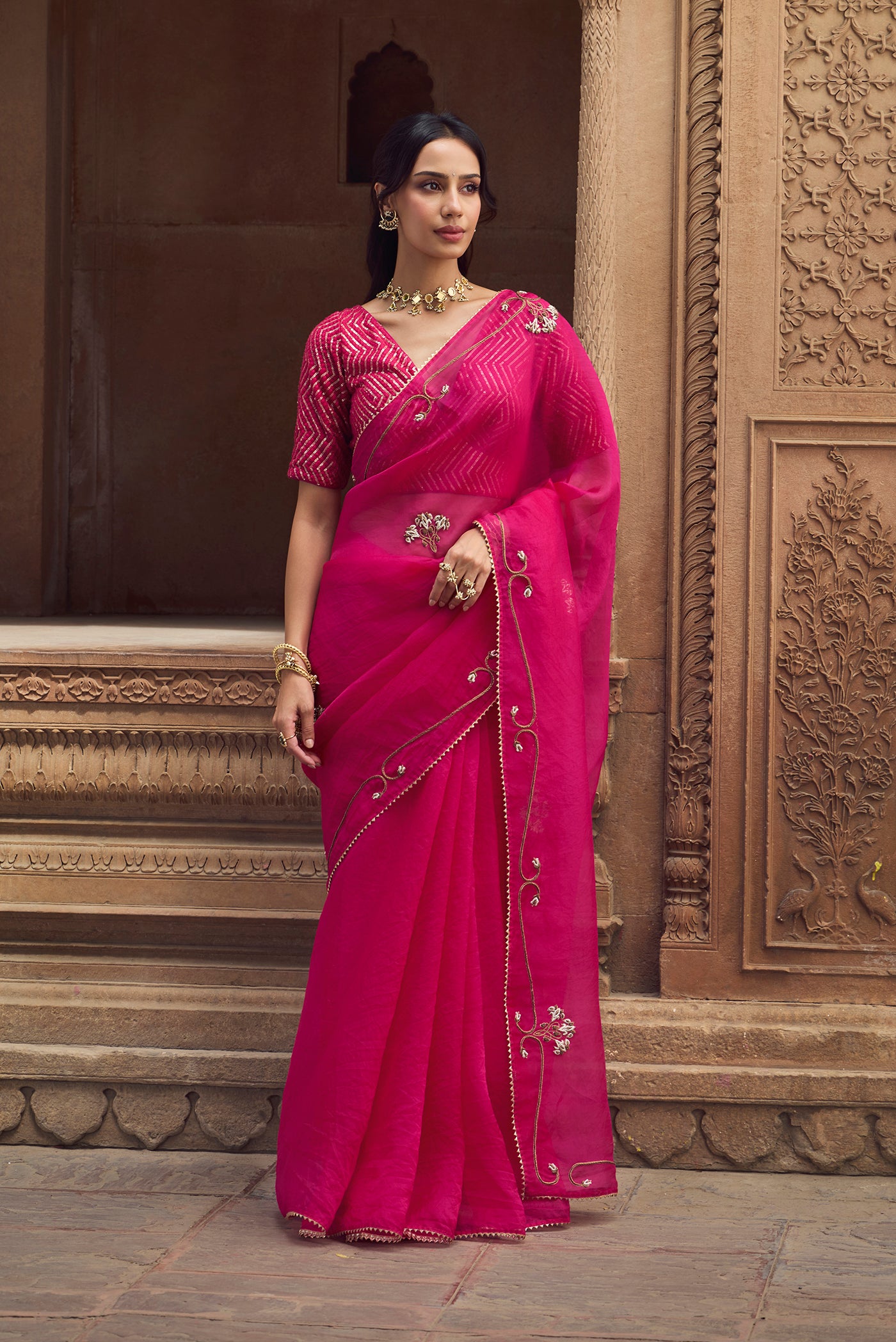 Meher- Jewel Pink Zardozi Organza Silk Saree