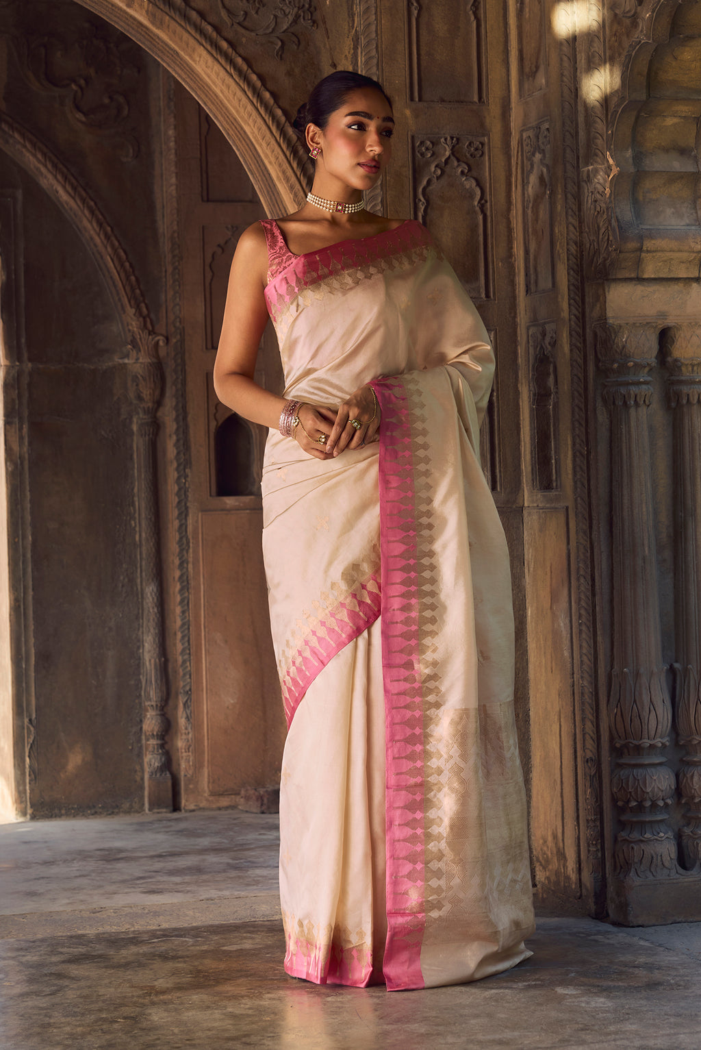 Mahima - Ivory Cream Banarasi Silk Saree