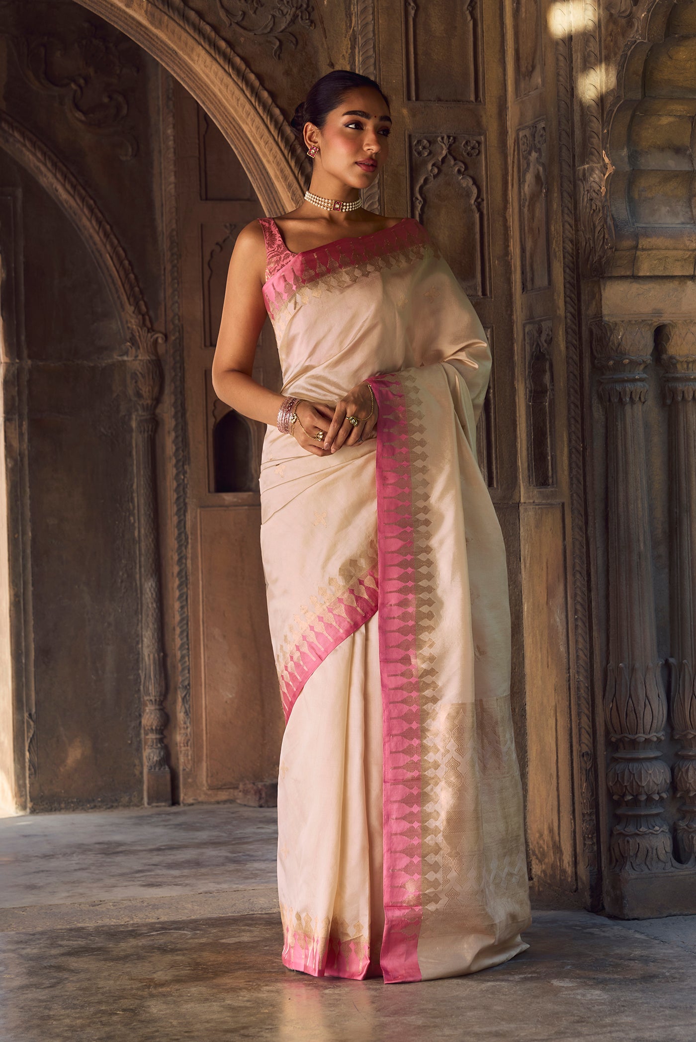 Mahima - Ivory Cream Banarasi Silk Saree