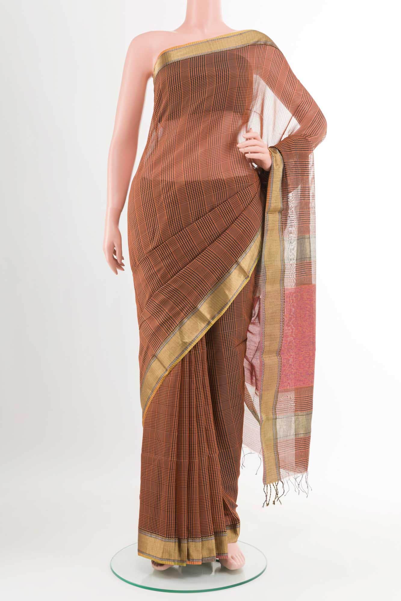 Rust Blended Maheshwari Silk Cotton Saree