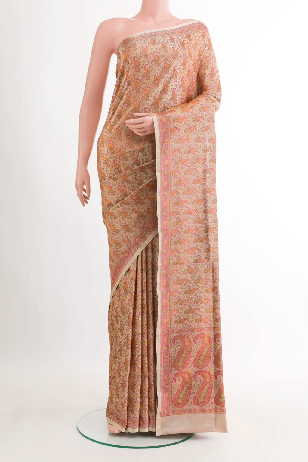 Beige Banarasi Tanchoi Silk Saree