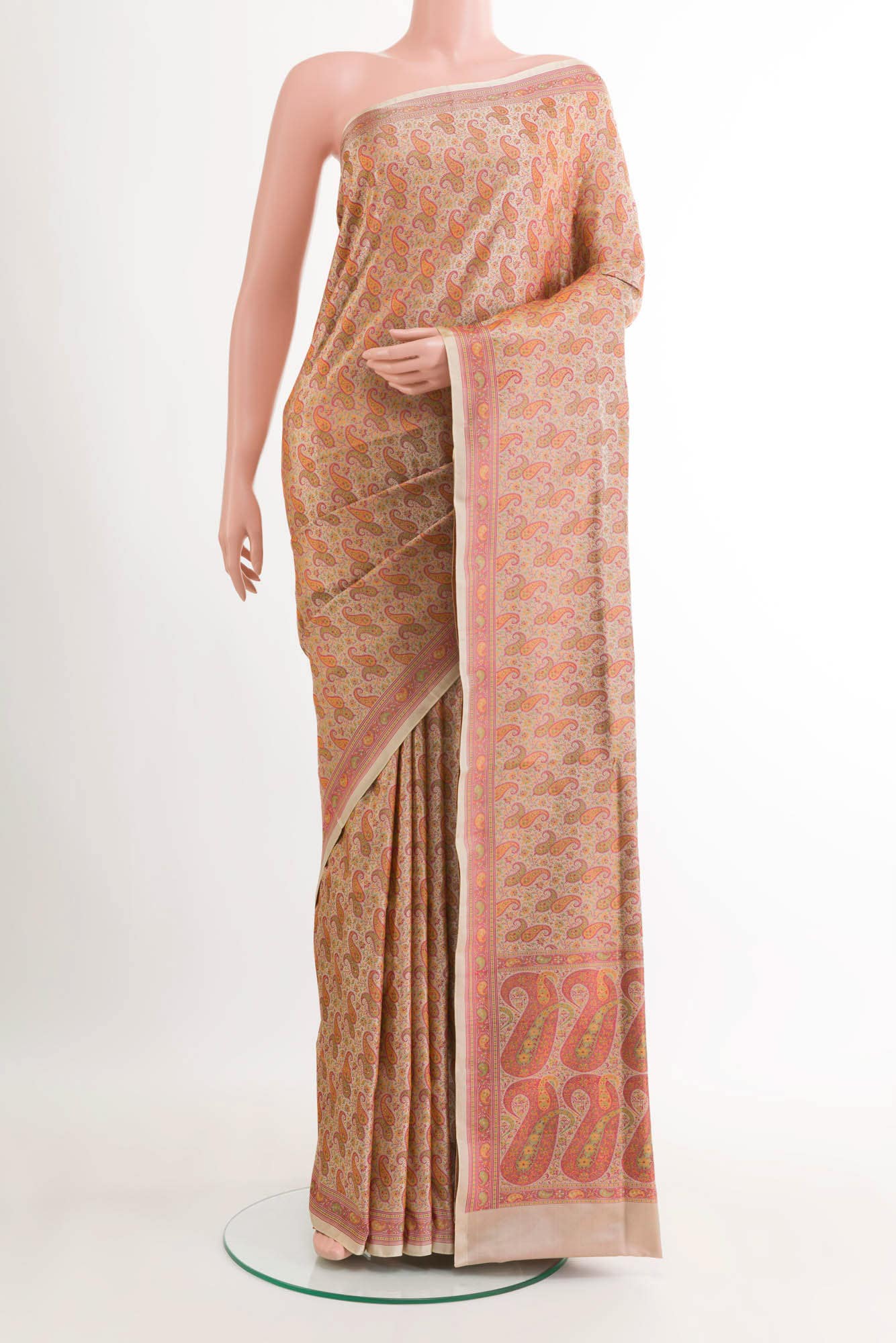 Beige Banarasi Tanchoi Silk Saree