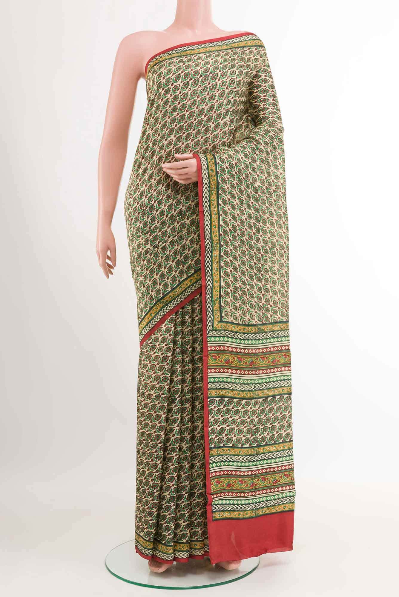 Beige Printed Silk Saree