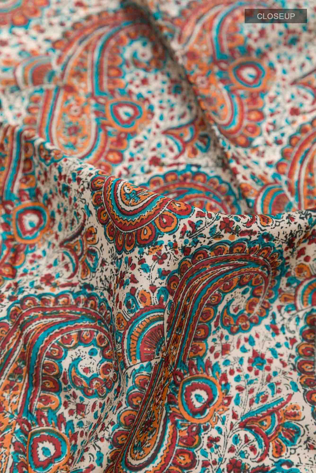 Cream Printed Silk Saree