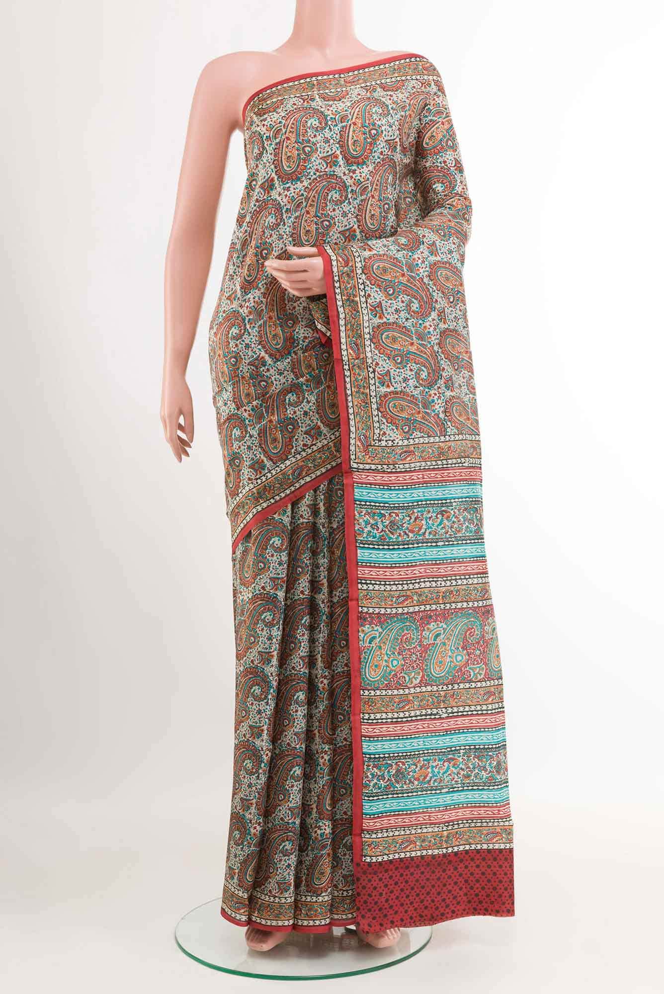 Cream Printed Silk Saree