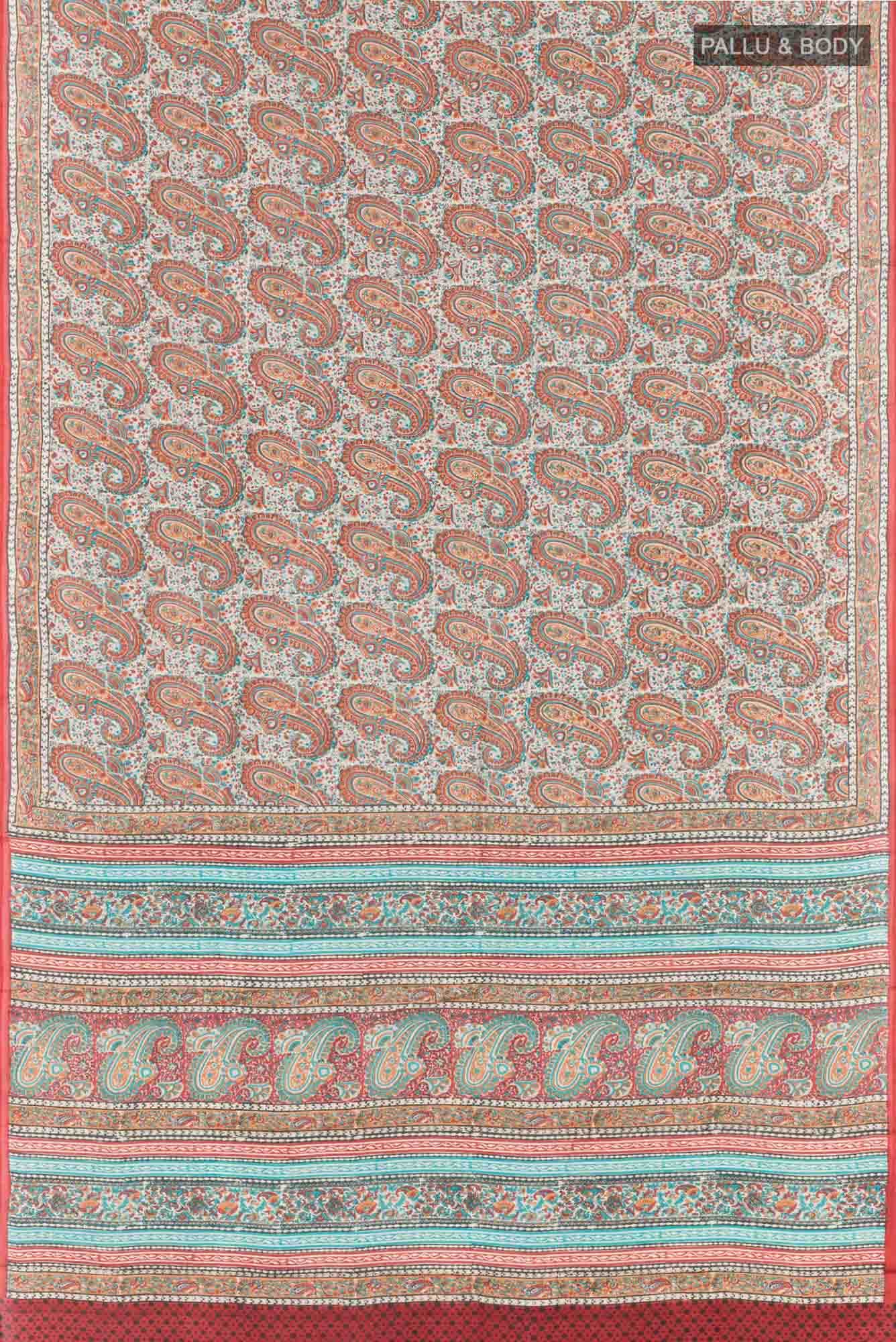 Cream Printed Silk Saree