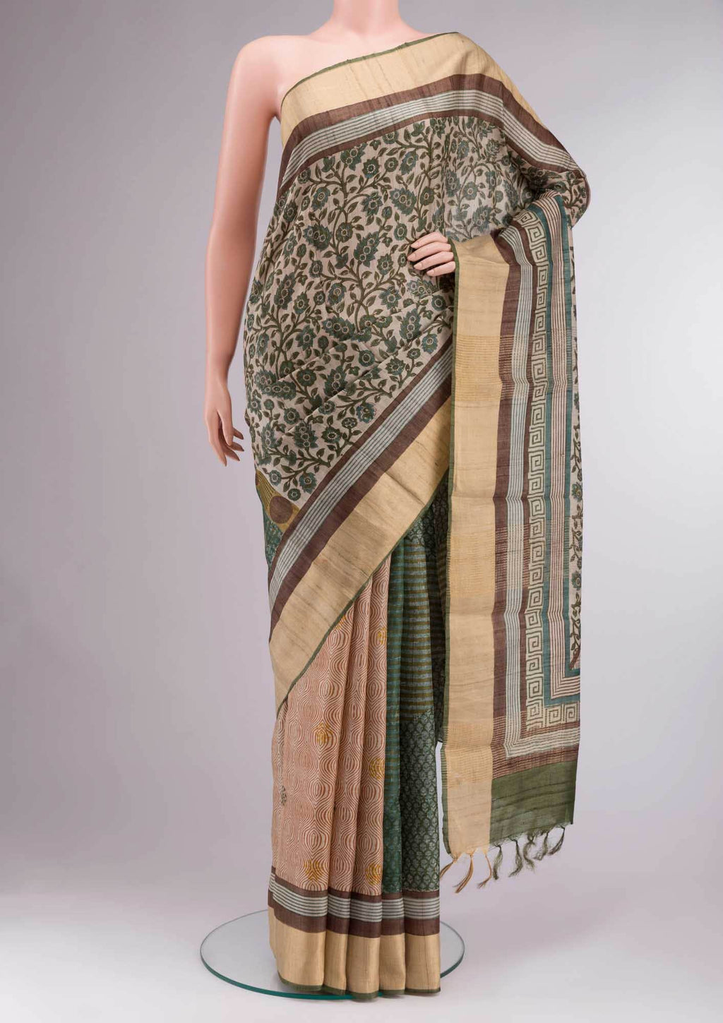 Beige Tussar Silk Saree
