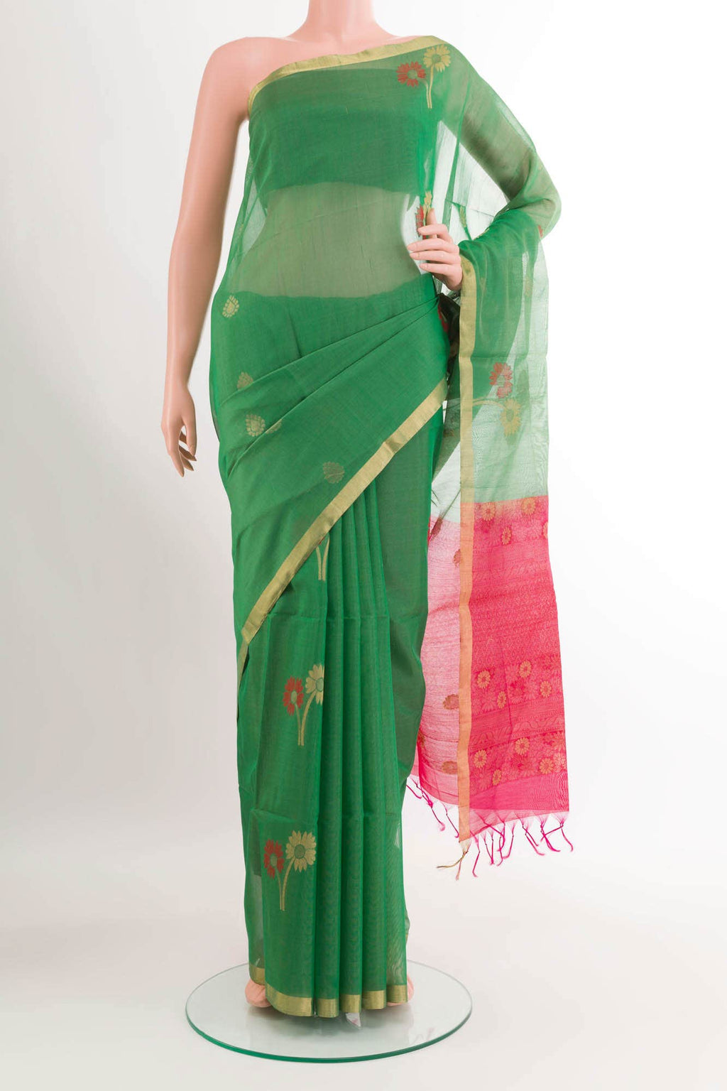 Green Blended Kora Cotton Saree