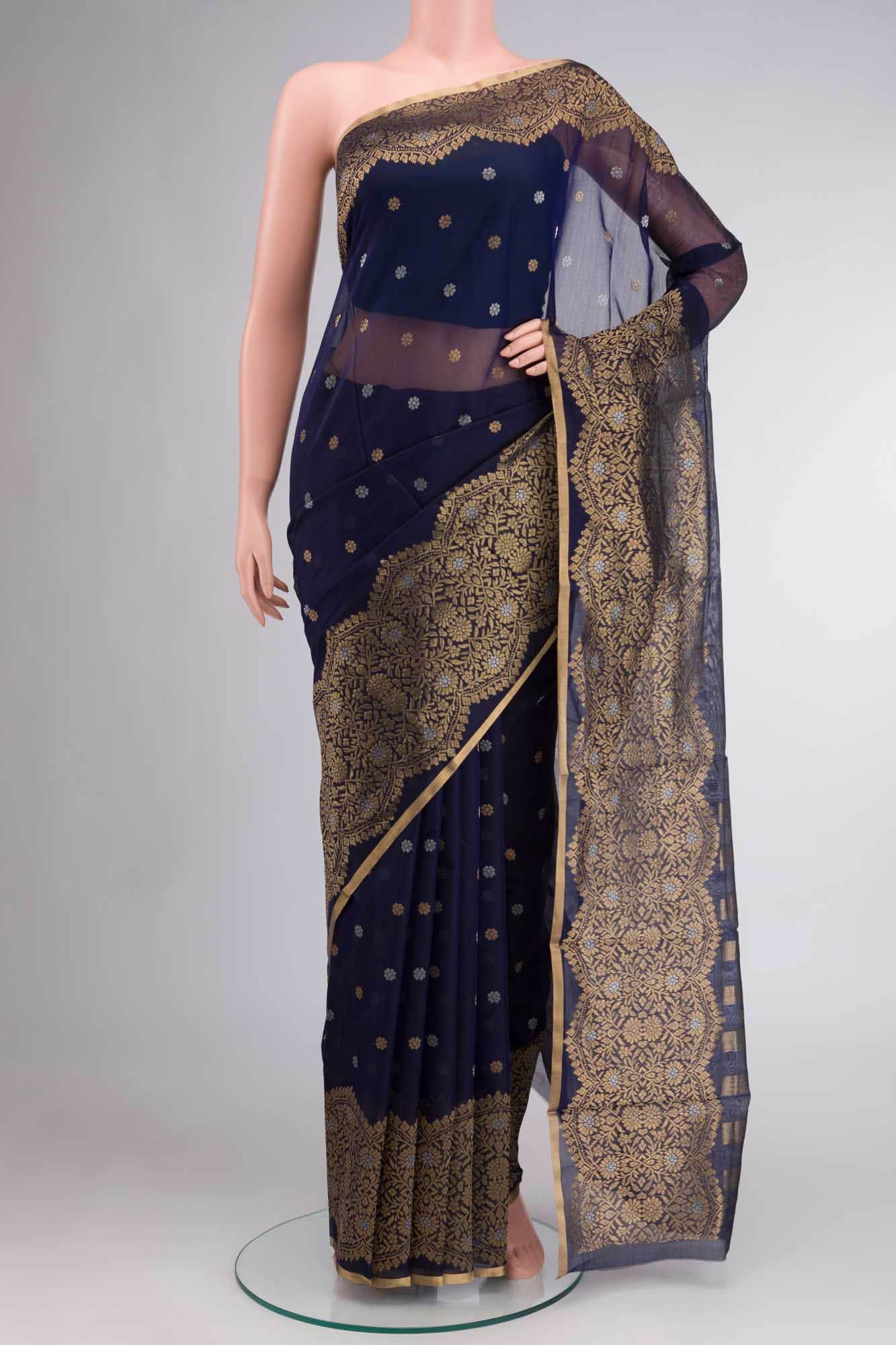 Navy Blue Chanderi Silk Cotton Saree