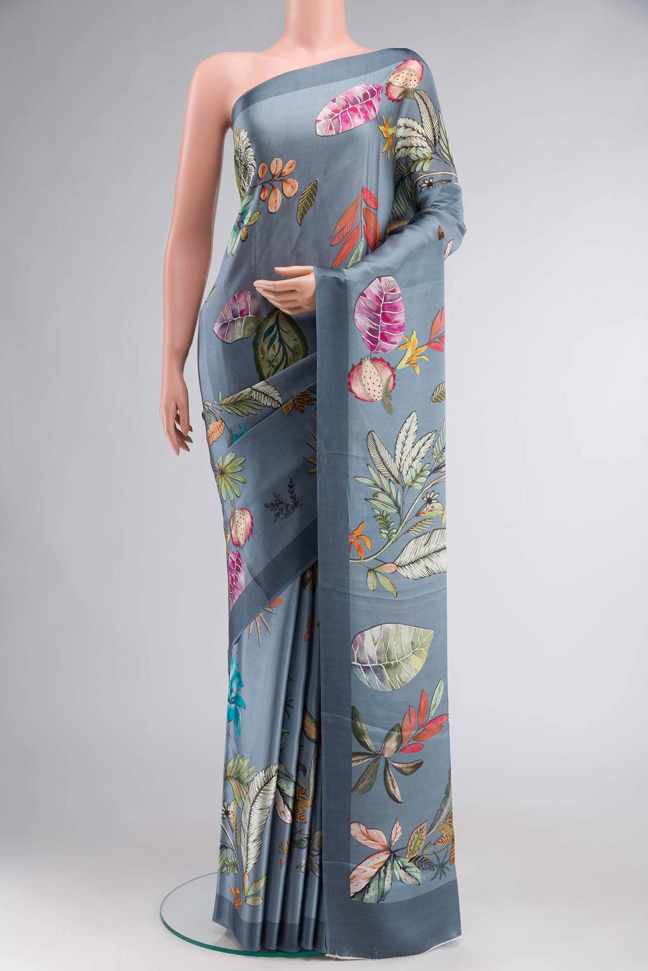 Blue Grey Satin Silk Saree