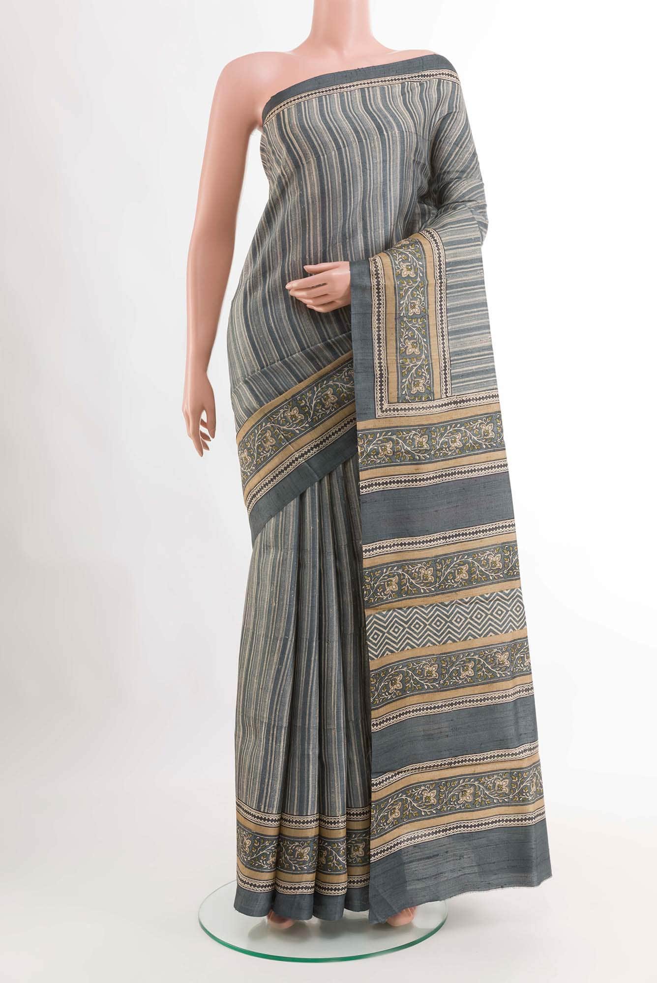 Blue Grey Tussar Silk Saree