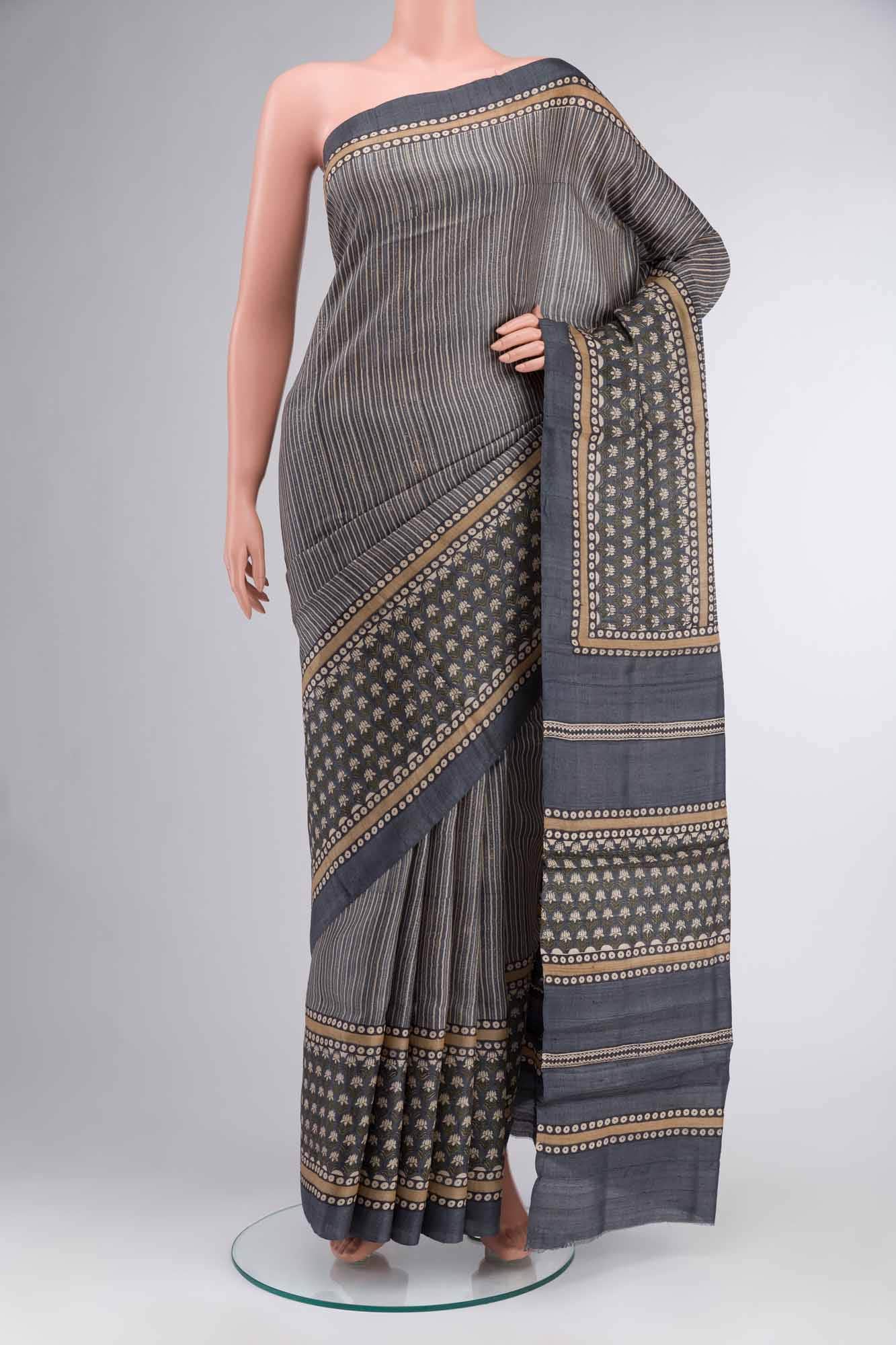 Grey Tussar Silk Saree