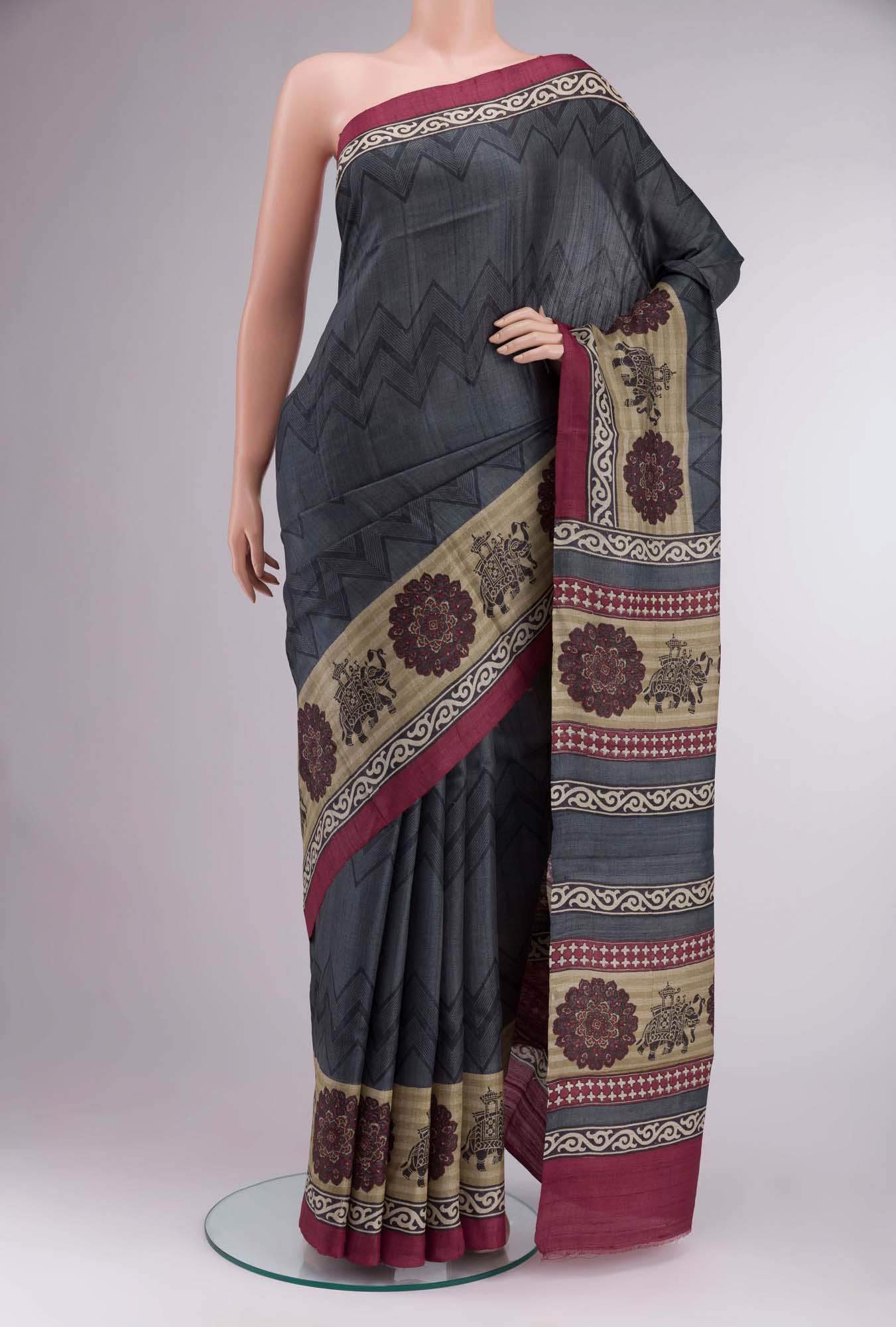 Grey Bhagalpuri Tussar Silk Saree