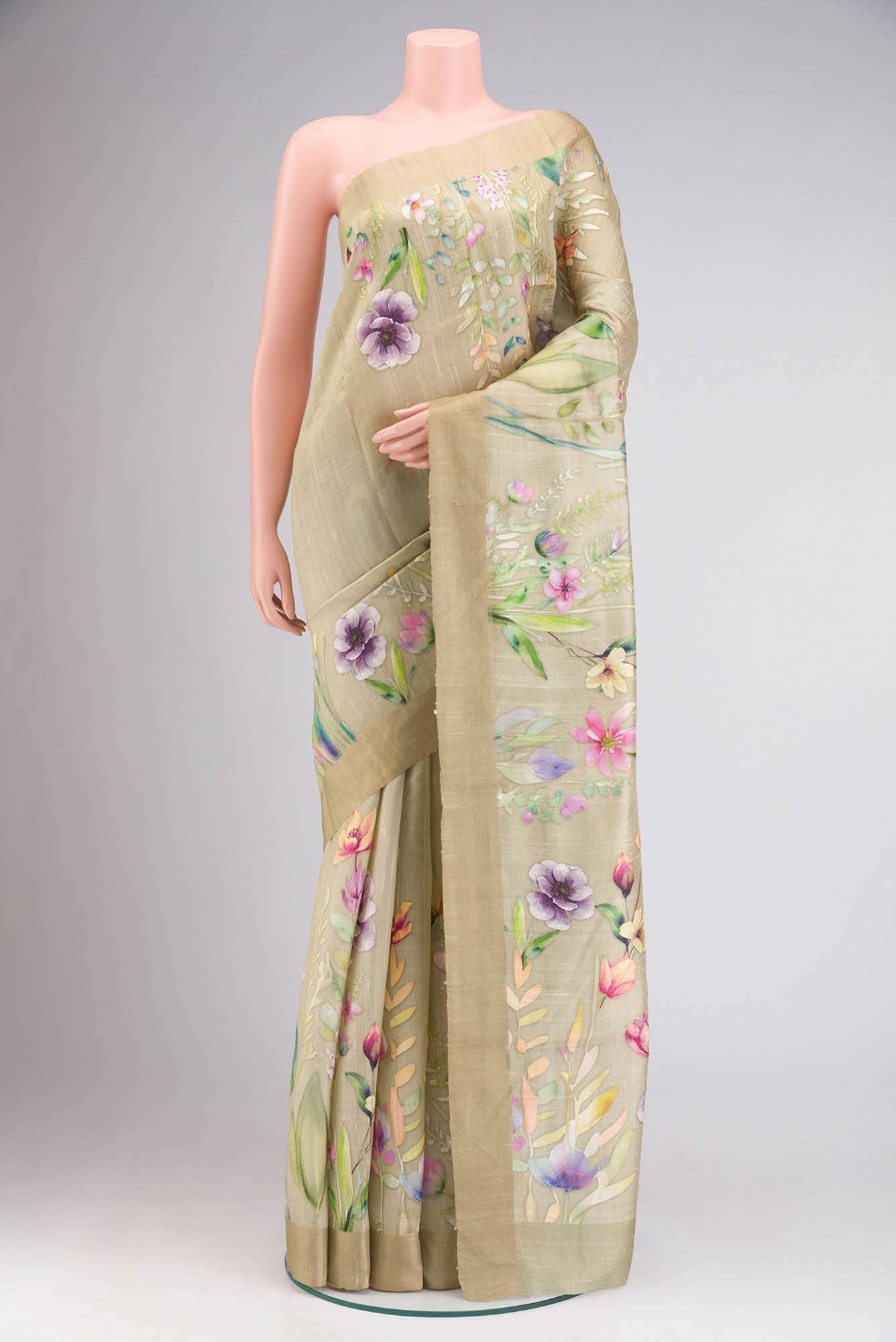 Beige Tussar Silk Saree