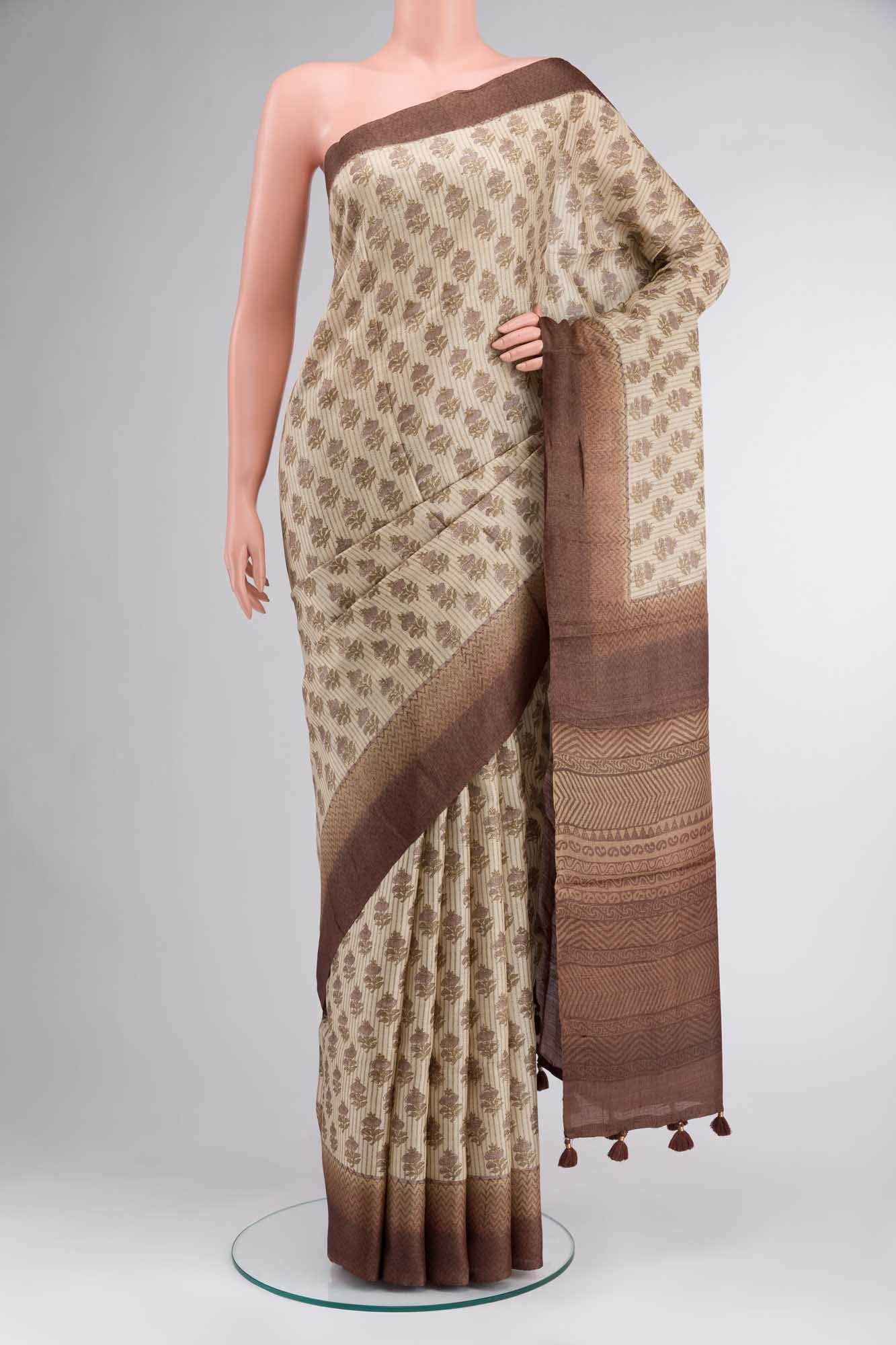 Beige Tussar Silk Saree
