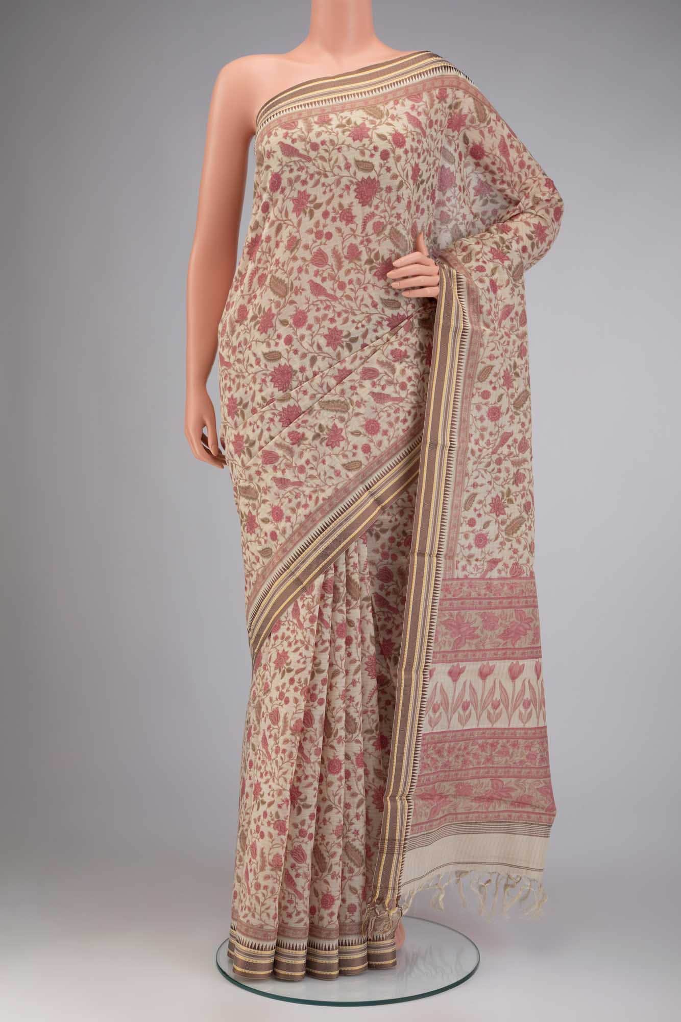 Cream Tussar Silk Saree