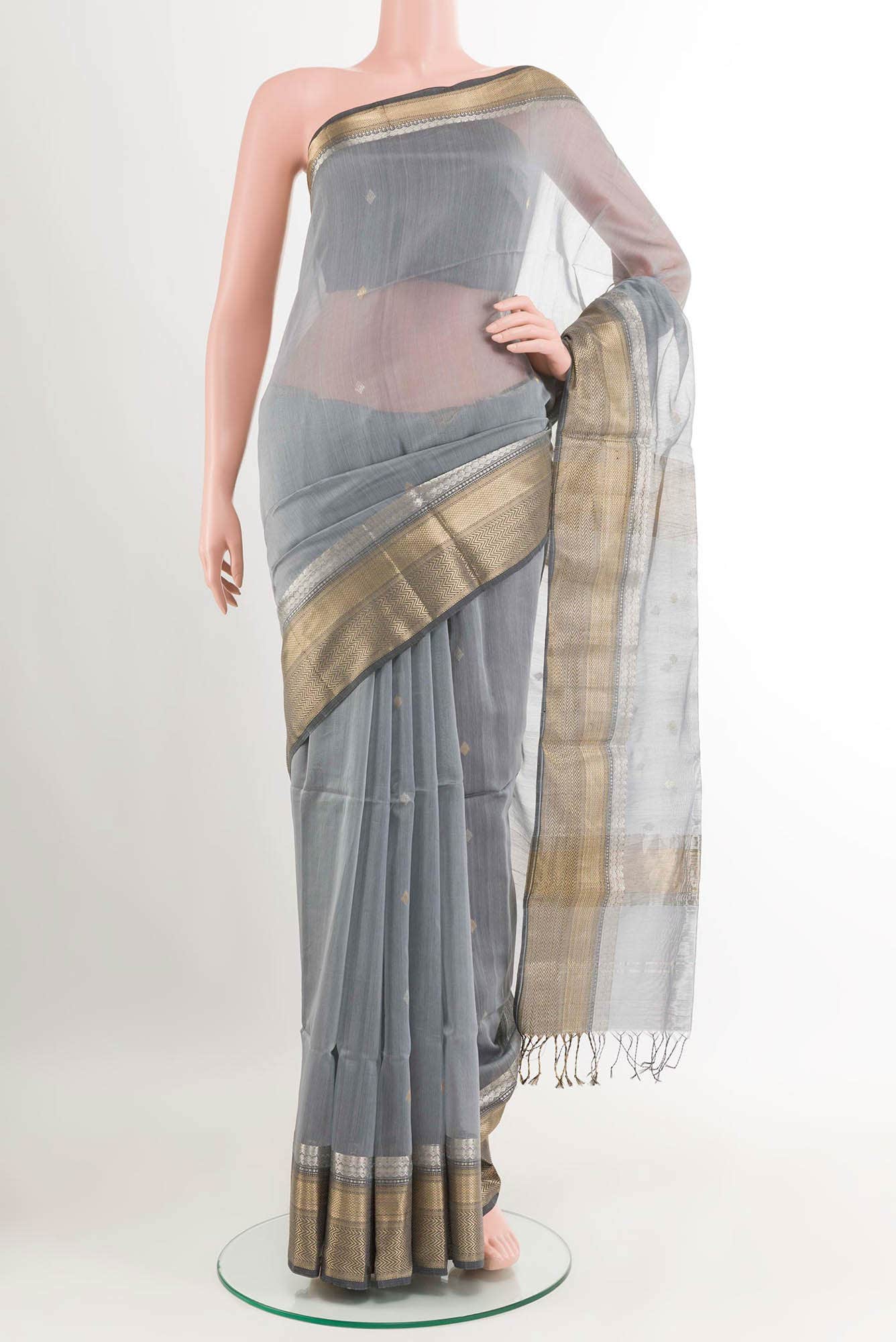 Grey Blended Maheshwari Silk Cotton Saree