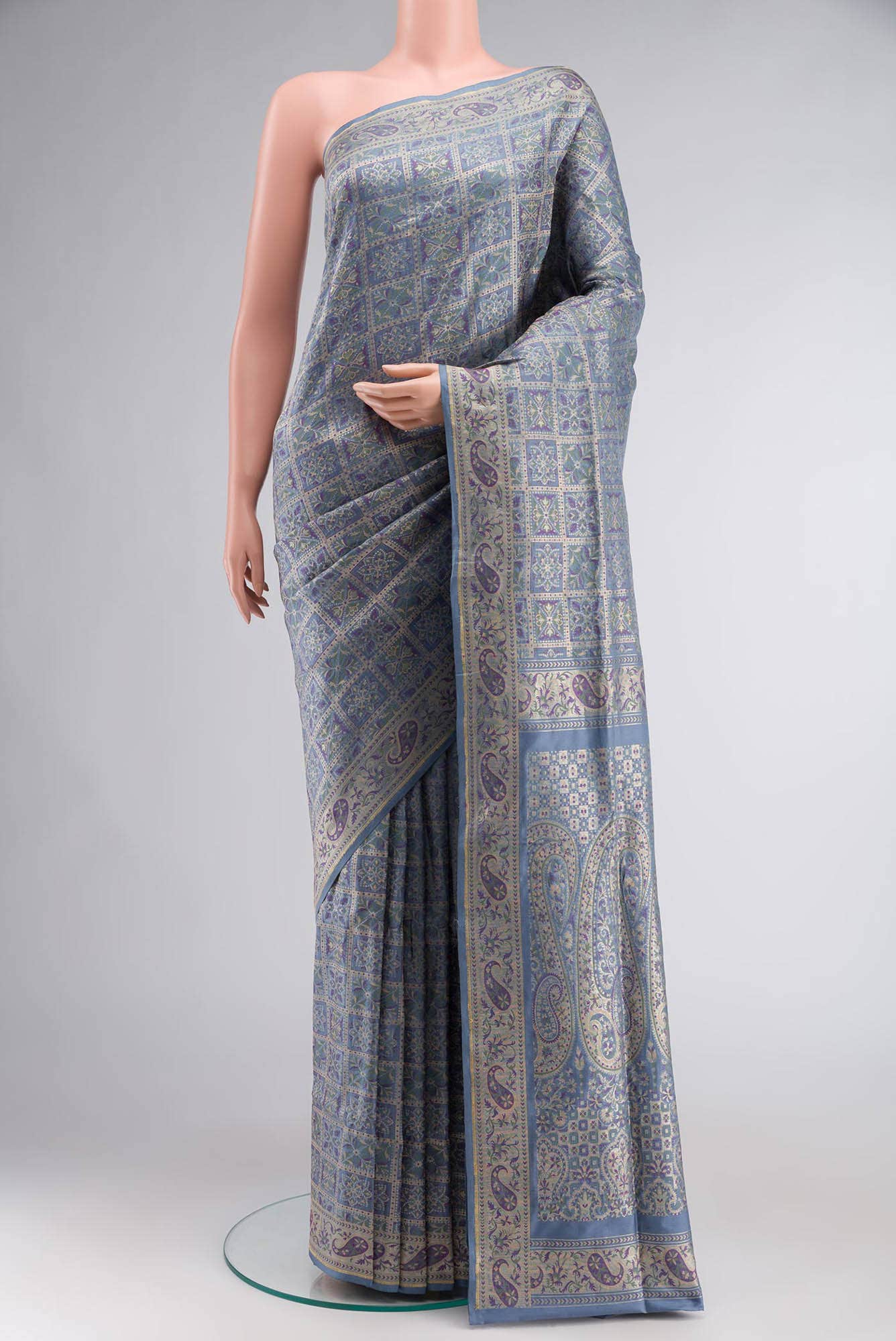 Blue Grey Banarasi Silk Saree