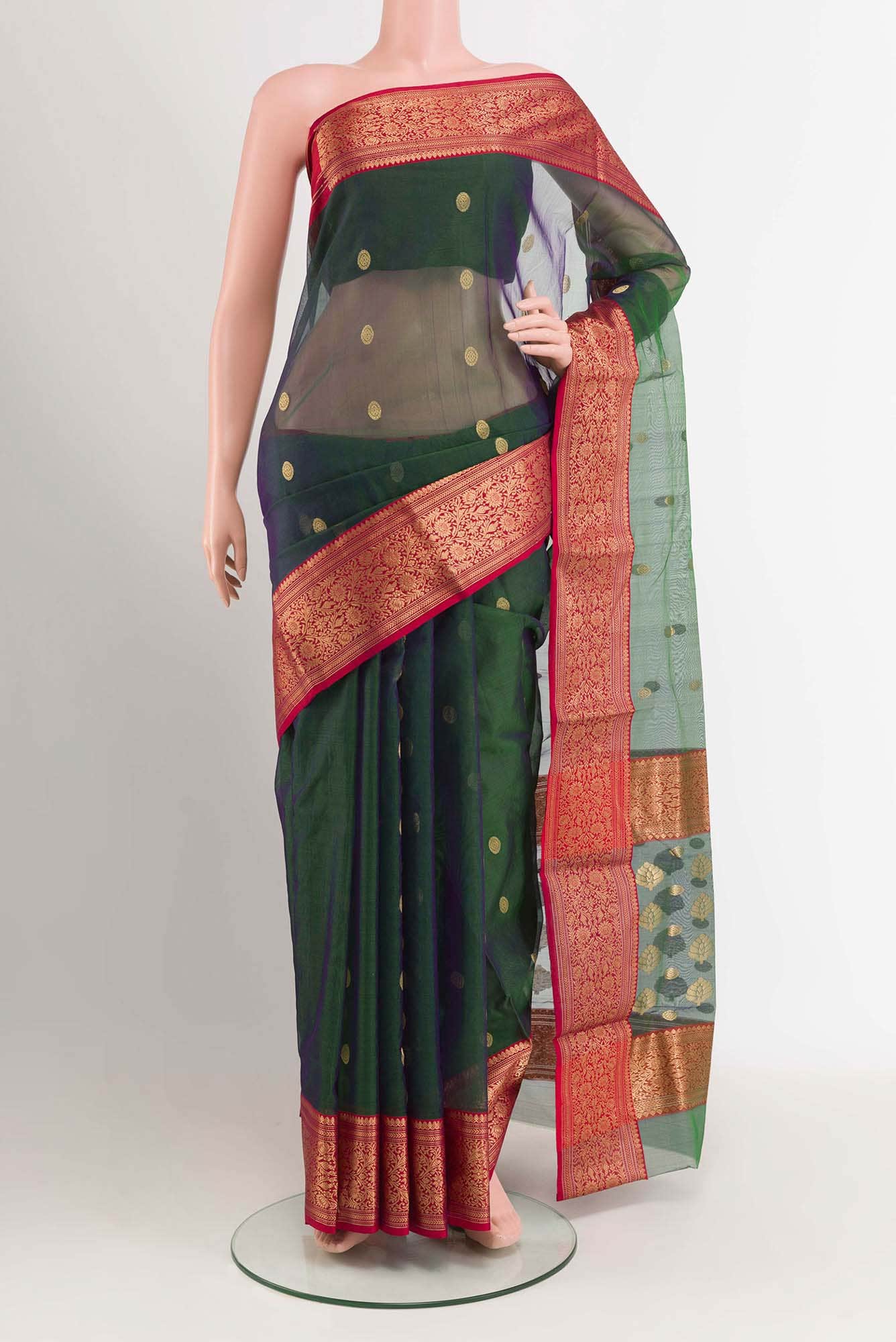 Dark Green Chanderi Kora Silk Saree
