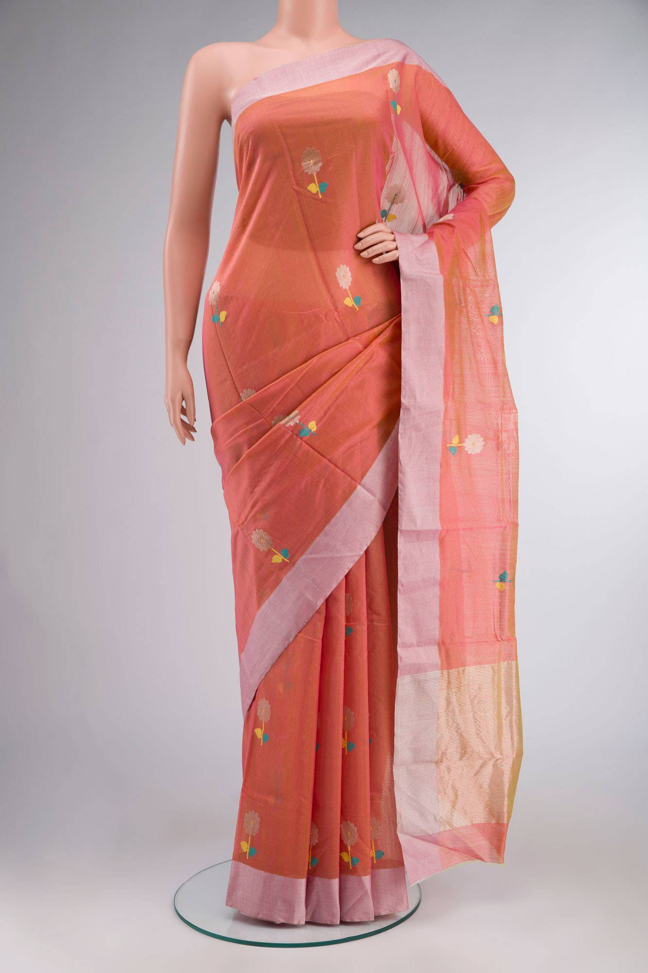 Pink with Yellow Dual Tone Chanderi Silk Cotton Saree