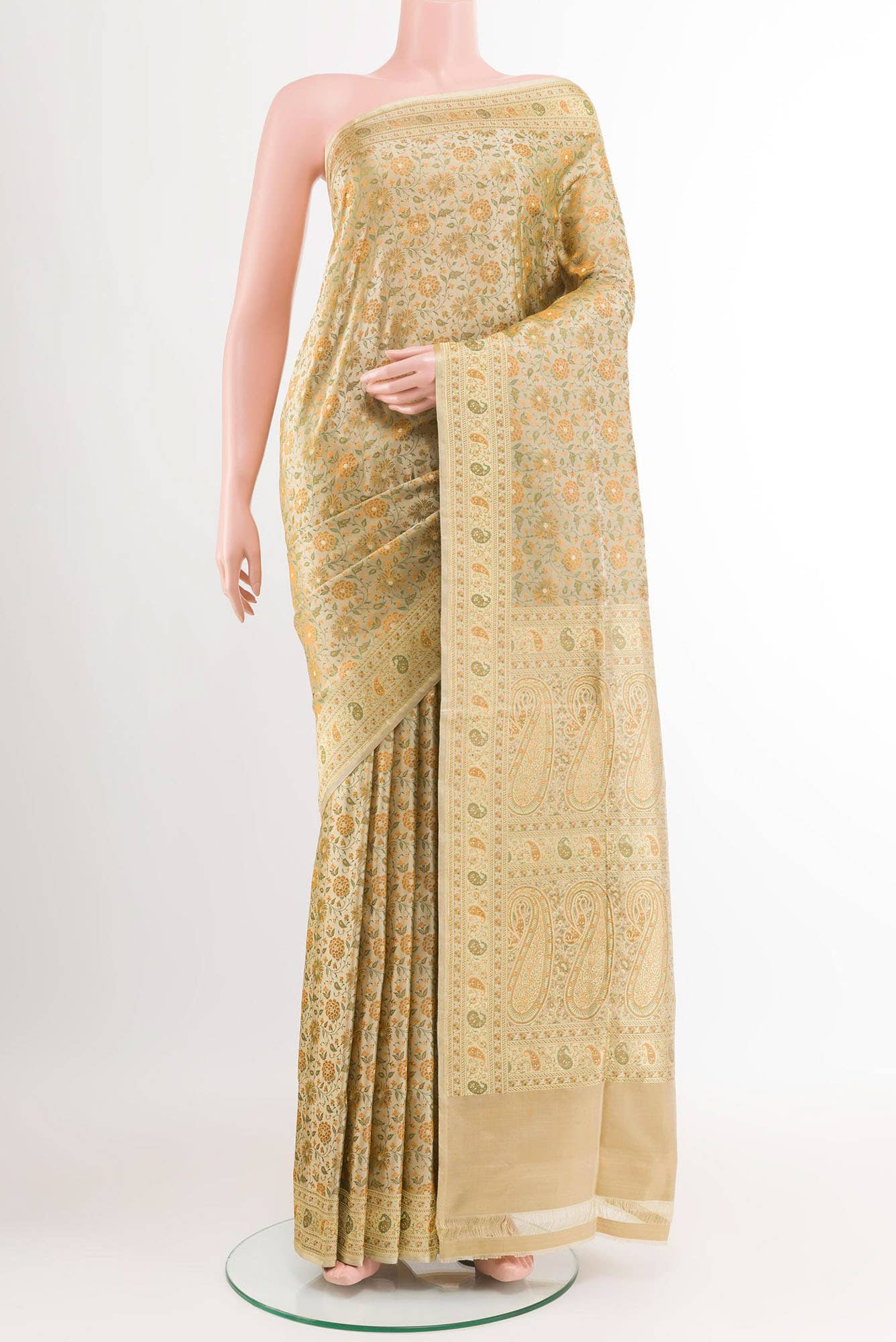 Beige Banarasi Tanchoi Silk Saree