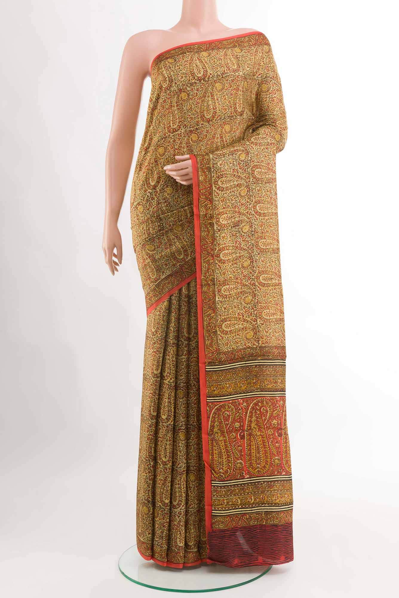 Beige Printed Silk Saree