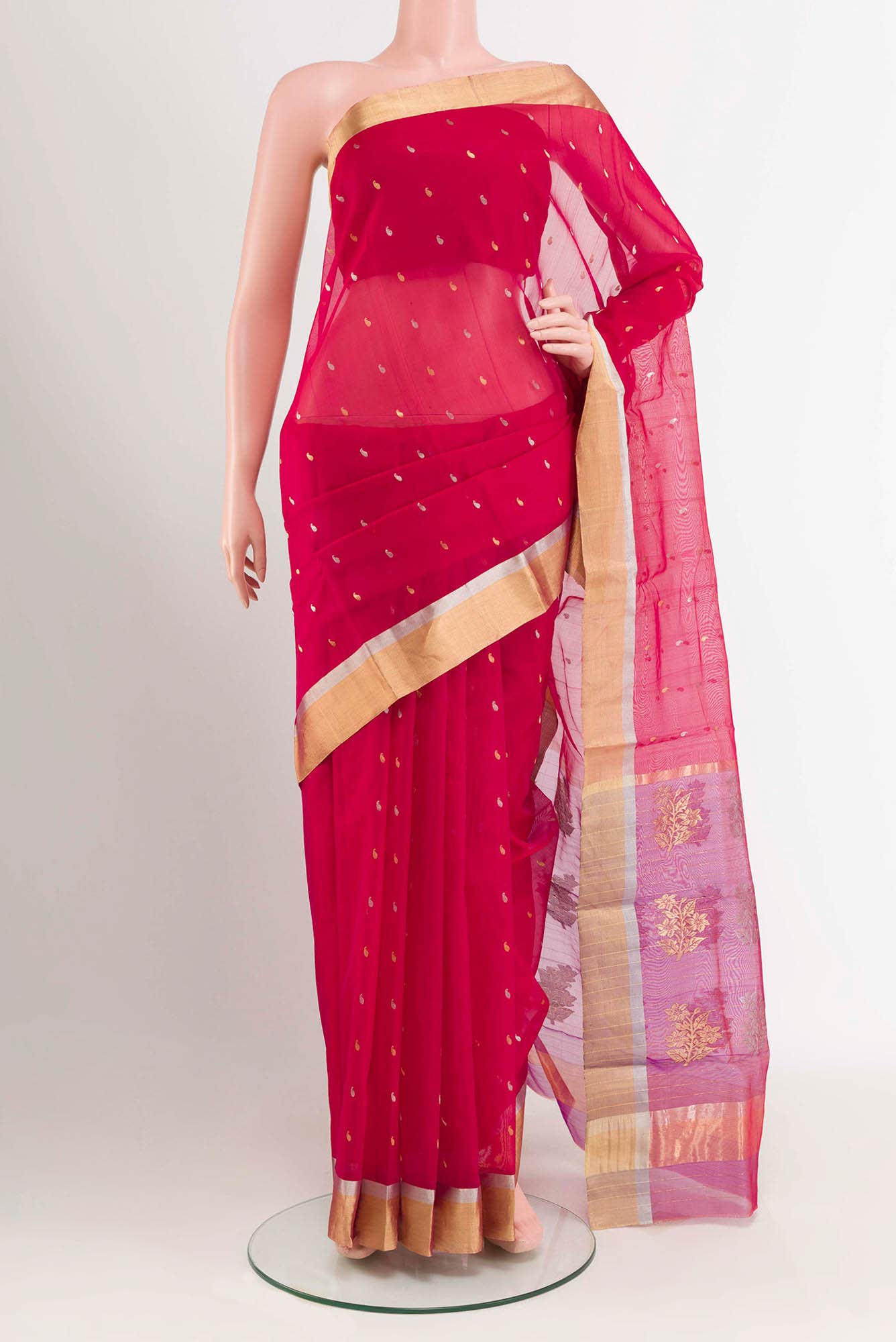 Red Chanderi Kora Silk Saree