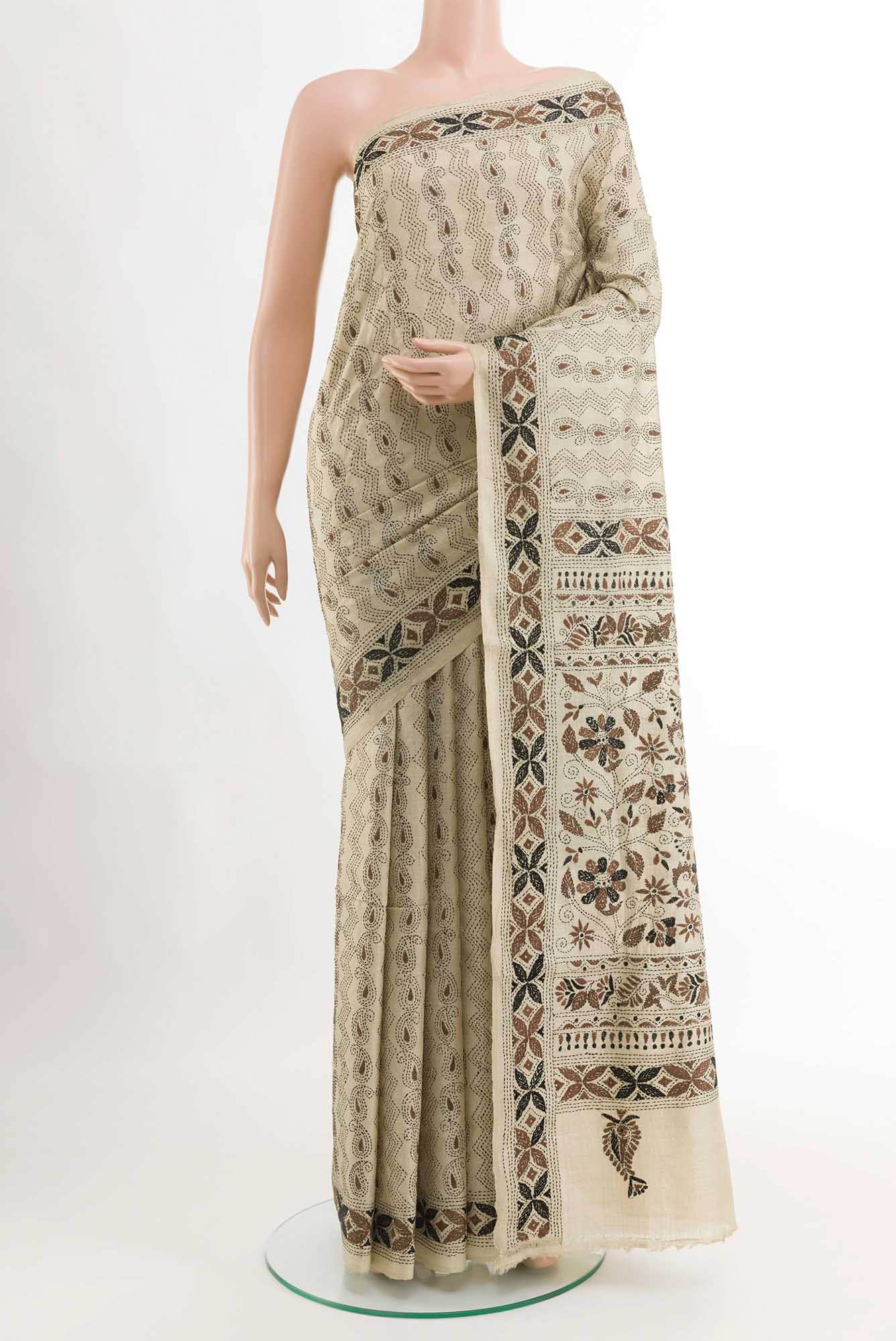 Beige Tussar Silk Saree