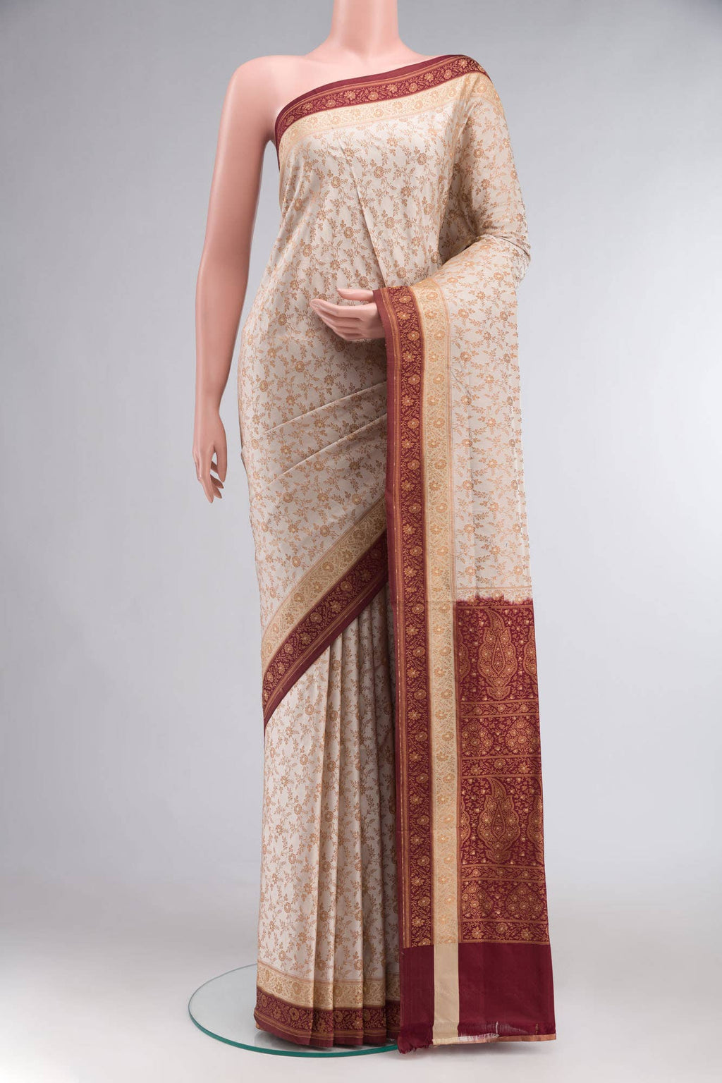 Beige Banarasi Tanchoi Silk Saree